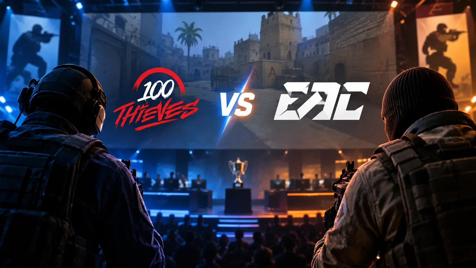 Arena de CS2 em clima de LAN com dois jogadores em primeiro plano e telão central destacando o confronto 100 Thieves x EAC.