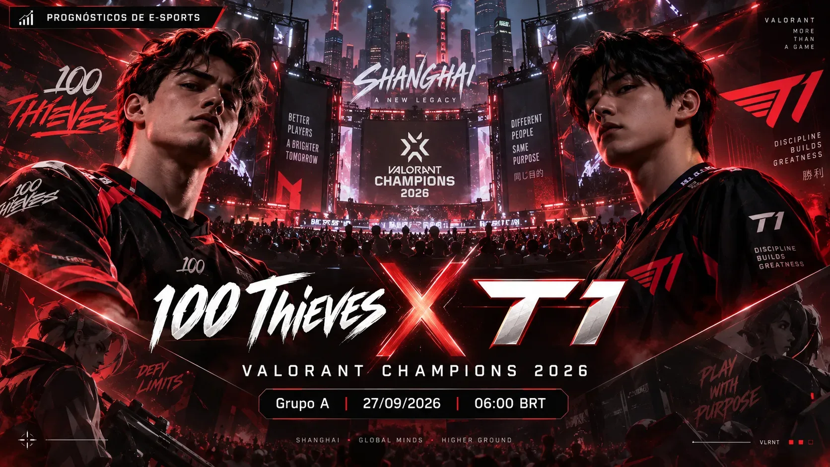 Capa em tons de vermelho e preto com dois jogadores de e-sports frente a frente, arena iluminada em Xangai e identificação visual de 100 Thieves x T1.