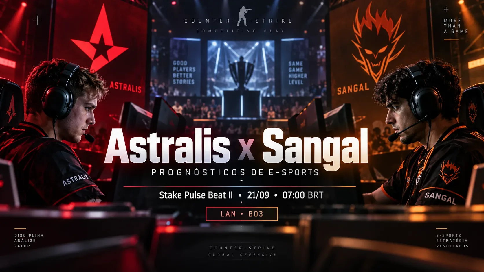 Capa horizontal de e-sports com dois jogadores frente a frente em arena de CS2, iluminação vermelha e laranja e identificação de Astralis x Sangal.
