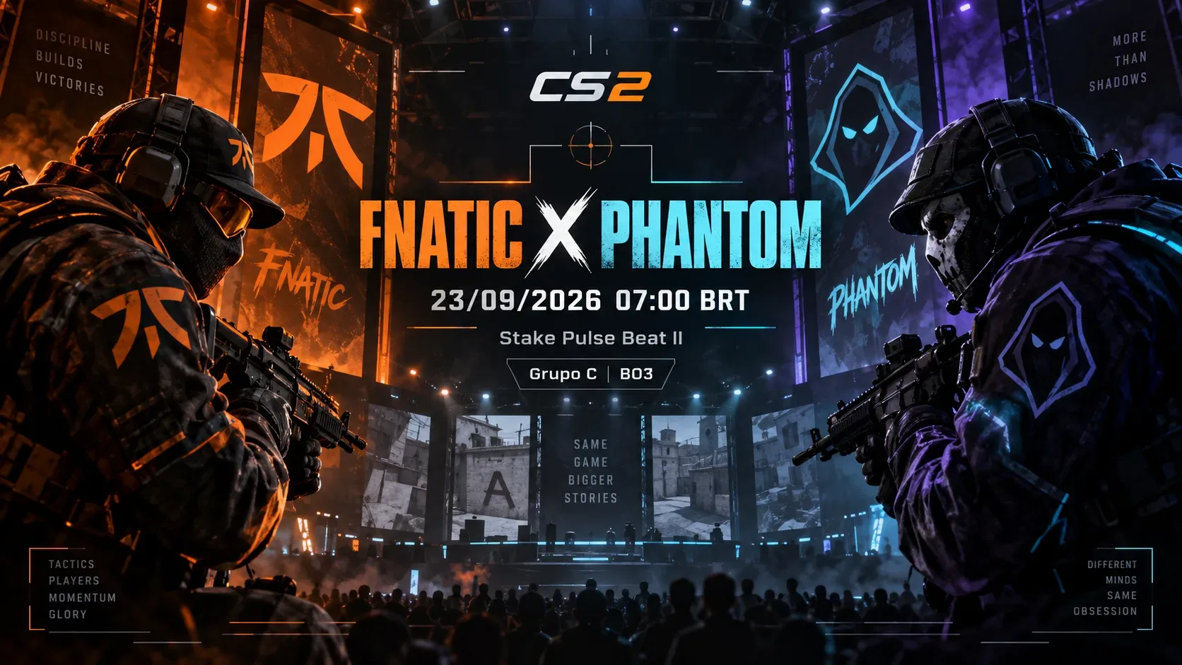 Capa de e-sports em arena de CS2 com dois operadores frente a frente e referências visuais a fnatic e Phantom.