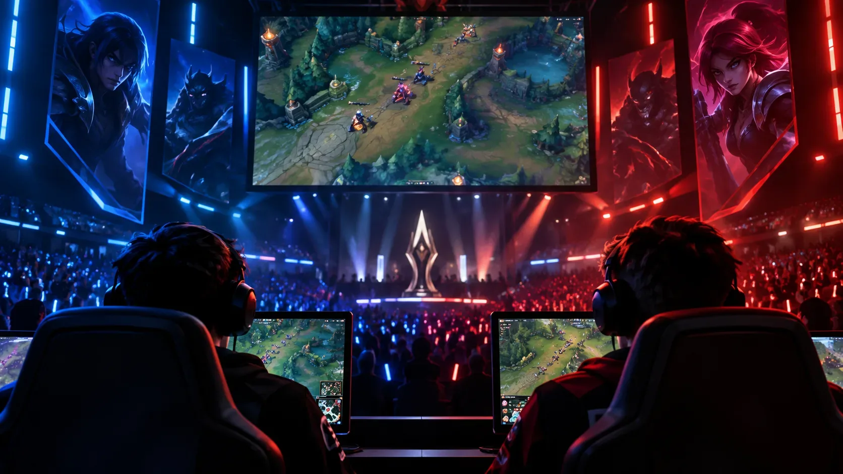 Arena de e-sports com dois jogadores em lados opostos diante de um telão de MOBA, com iluminação azul e vermelha.