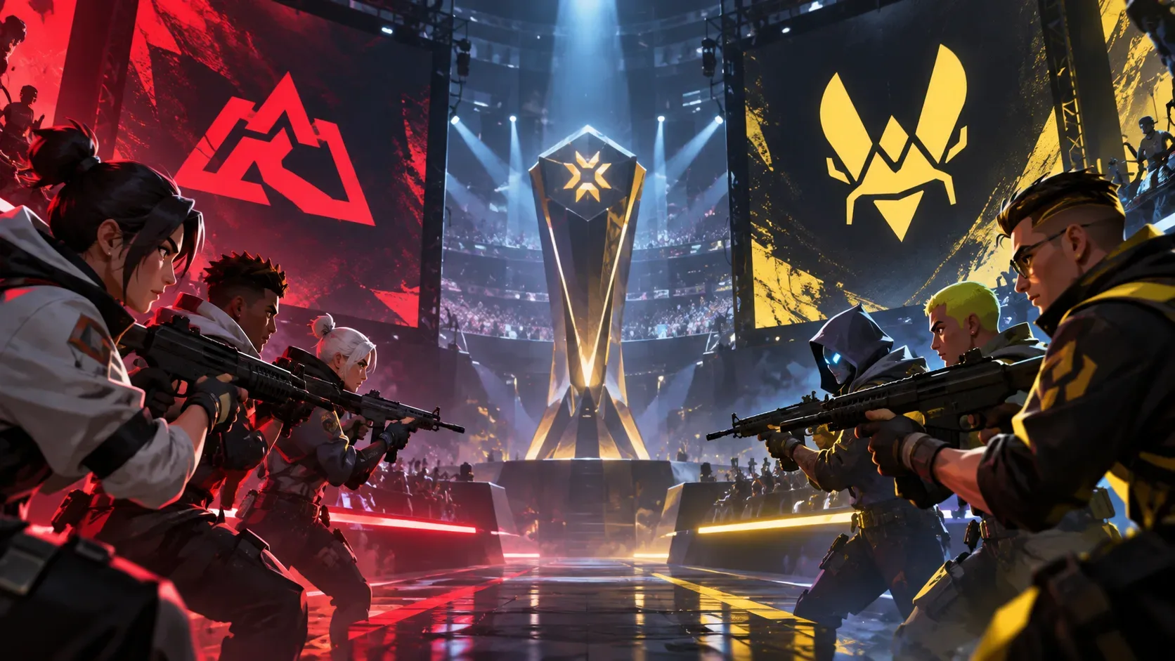 Arena de e-sports com duas equipes de VALORANT frente a frente antes de uma série internacional