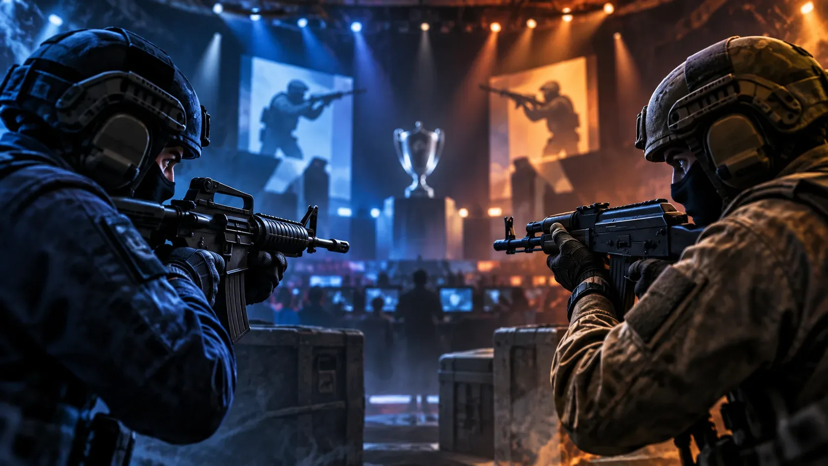 Dois combatentes de CS2 frente a frente em arena de e-sports com iluminação azul e laranja e troféu ao fundo