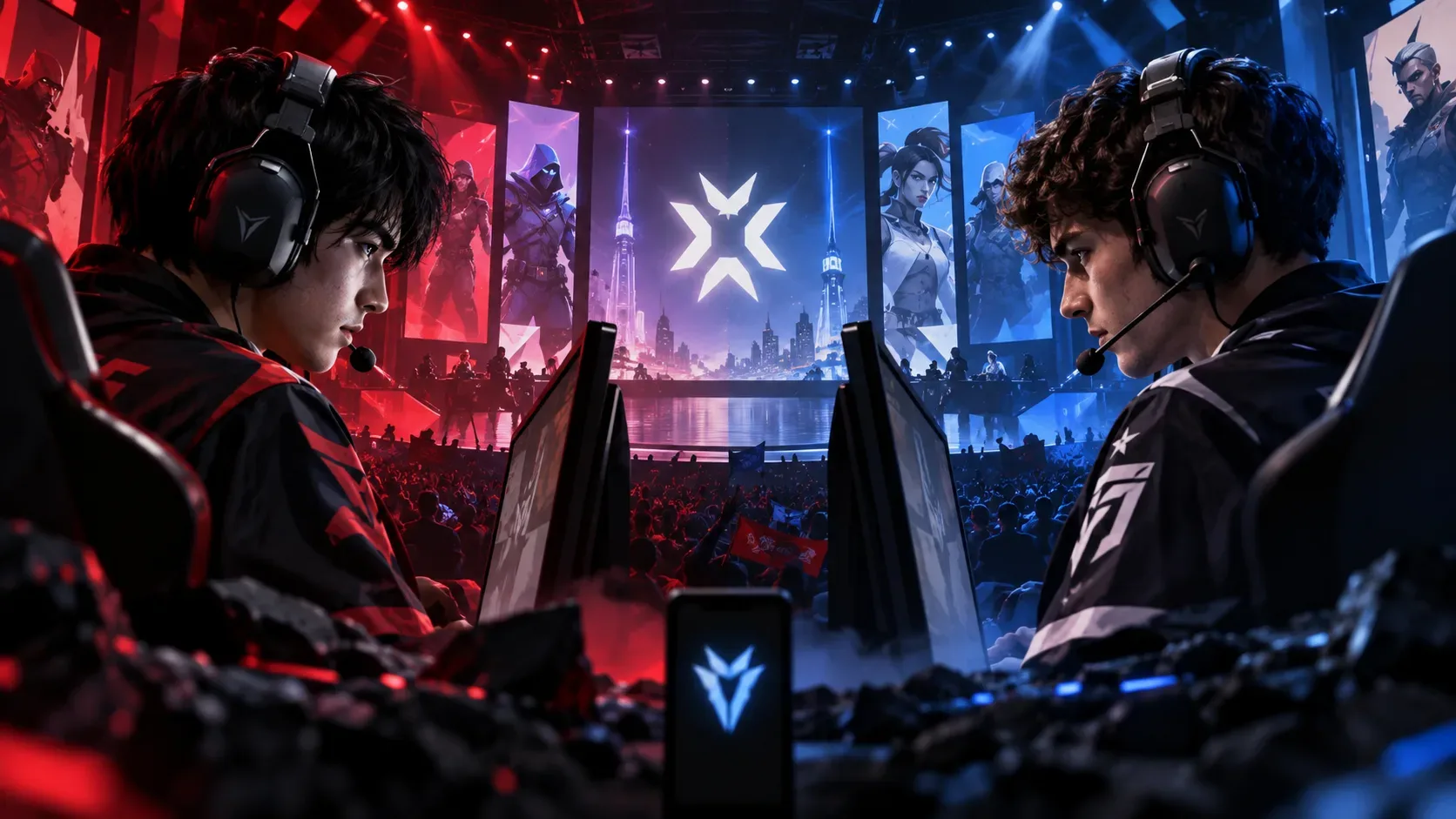 Arena de e-sports em Xangai com dois jogadores frente a frente em estações de jogo, iluminação vermelha e azul e público ao fundo.