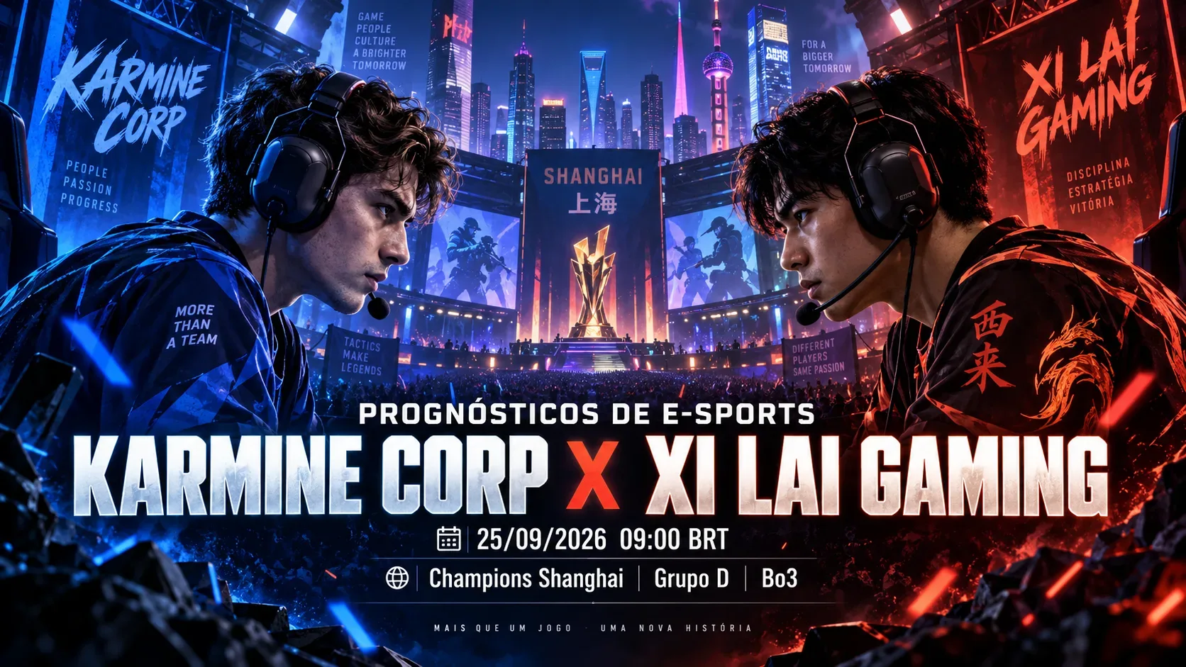Dois jogadores de e-sports frente a frente em uma arena futurista de Xangai, com iluminação azul para Karmine Corp e vermelha para Xi Lai Gaming.