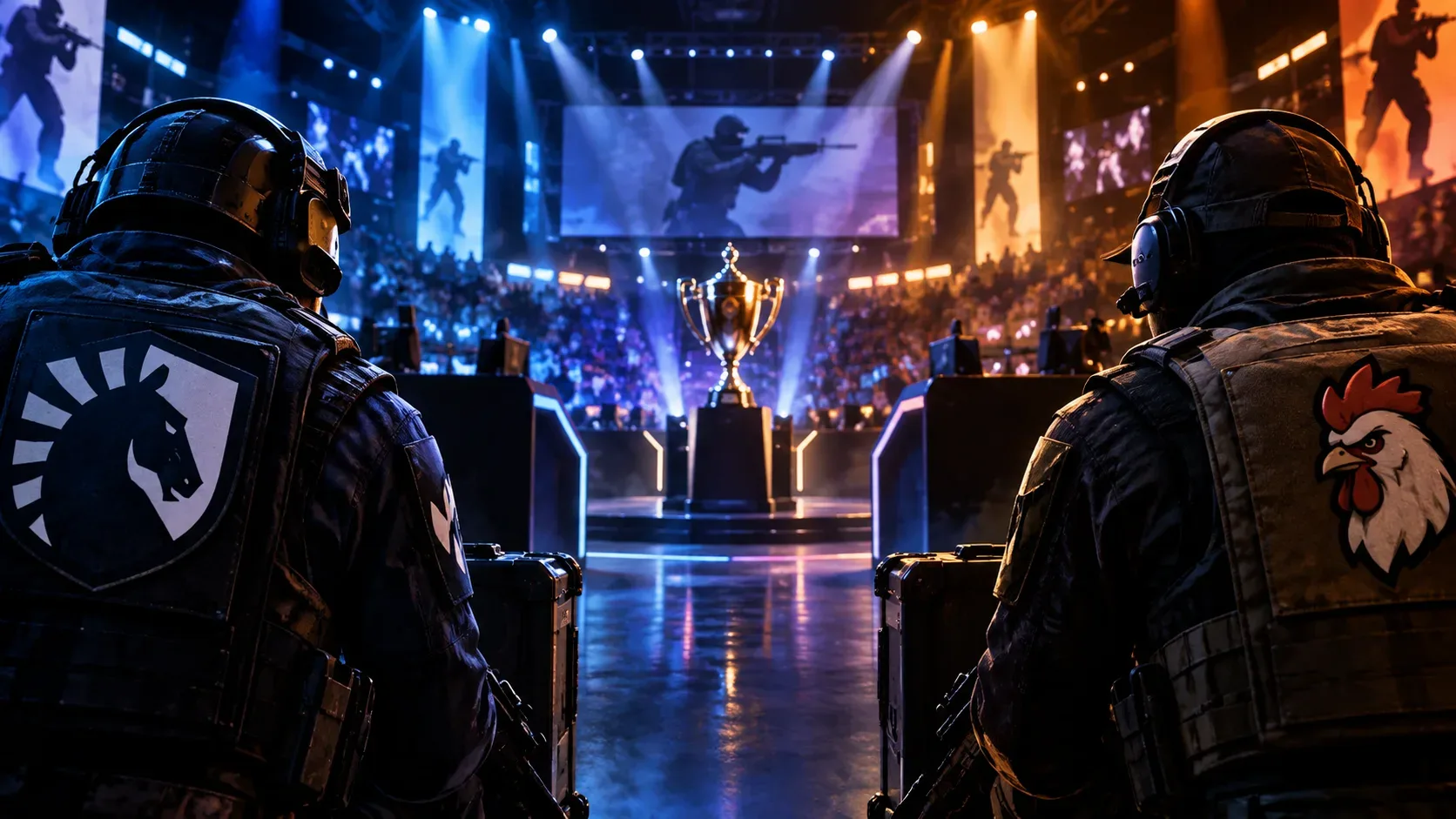 Arena de e-sports com dois jogadores genéricos em lados opostos, computadores, troféu central e iluminação azul e dourada.