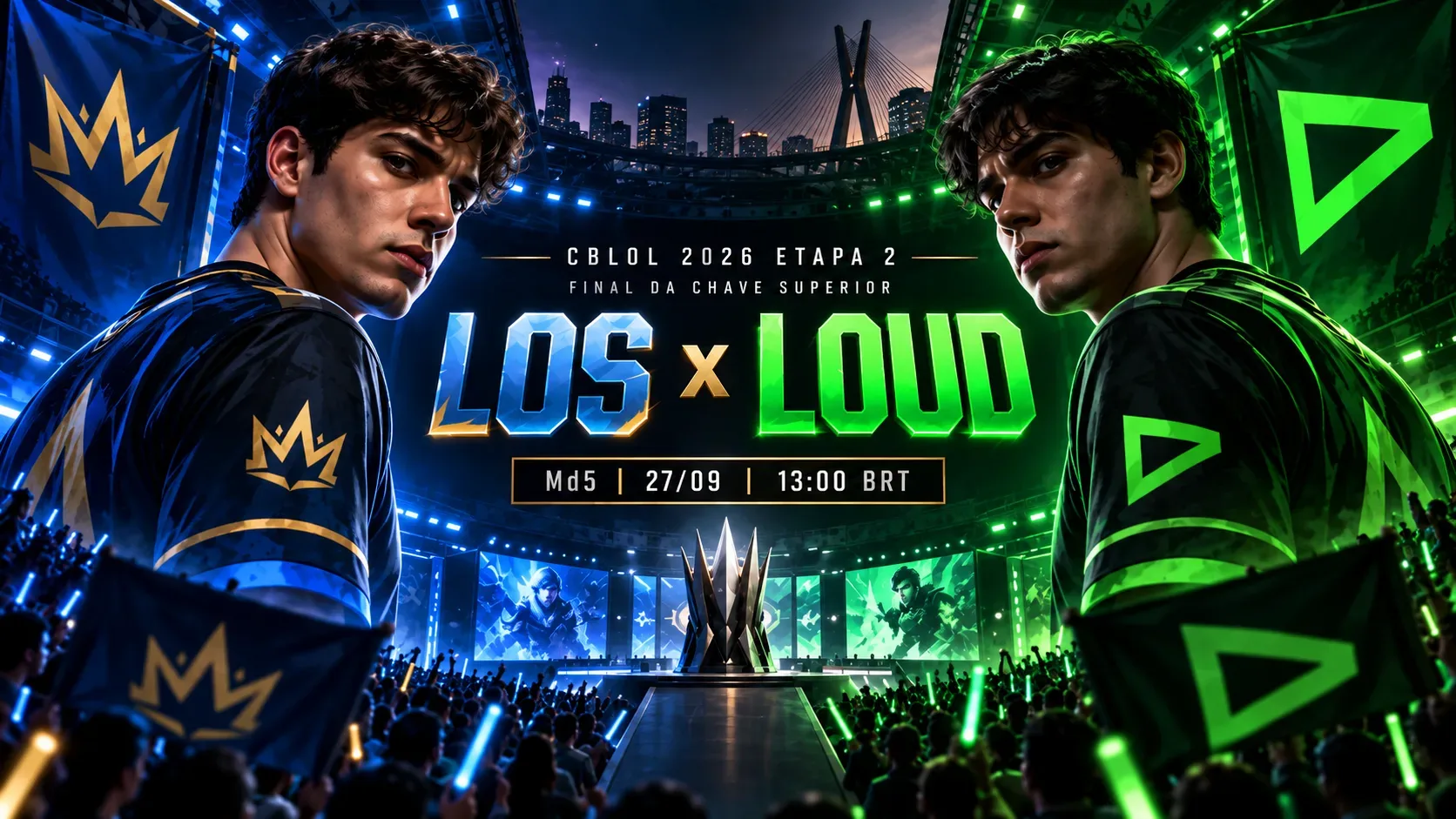 Arte de e-sports em arena com dois jogadores genéricos frente a frente, lados azul e verde e destaque central para LOS x LOUD.