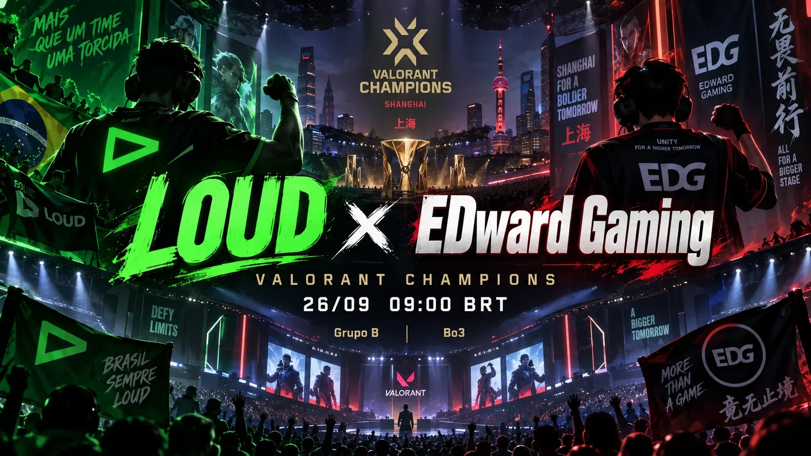 Capa de e-sports com LOUD em verde e EDward Gaming em vermelho em uma arena inspirada em Xangai, com identificação do confronto e do VALORANT Champions.