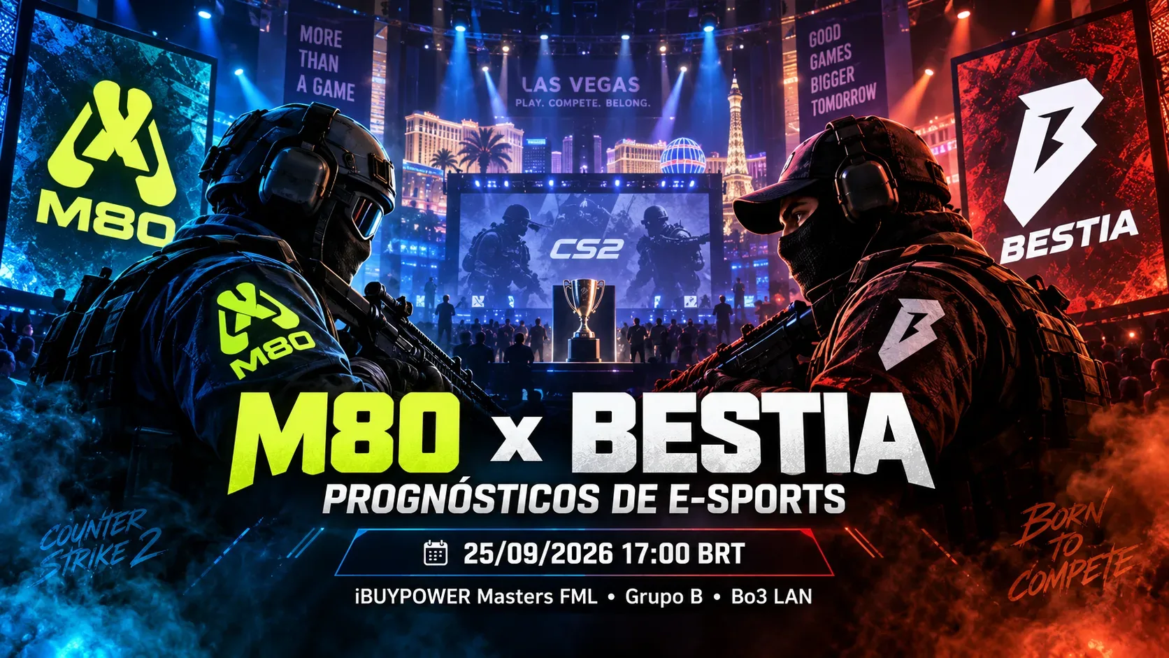 Capa em estilo arena de CS2 com personagens táticos representando M80 e BESTIA, iluminação azul e vermelha e informações do confronto.