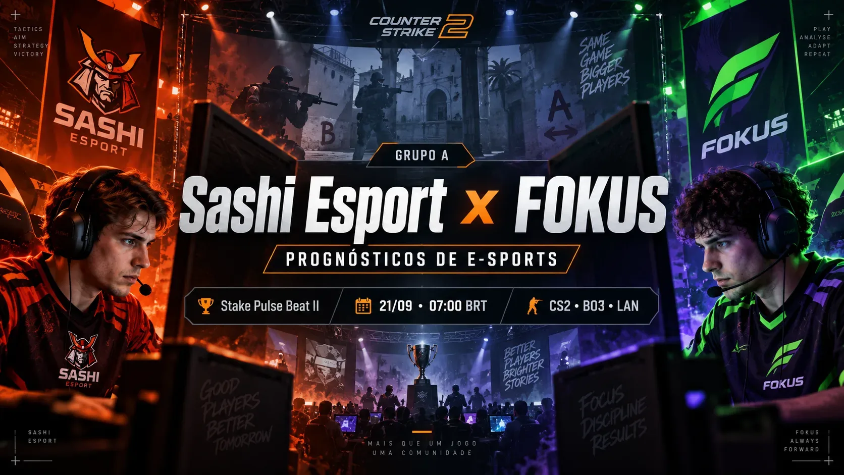 Capa de e-sports em ambiente de LAN de CS2 com dois jogadores frente a frente, representando Sashi Esport e FOKUS.