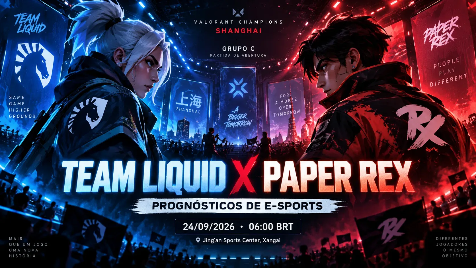 Capa horizontal em tons de azul e vermelho com dois competidores estilizados frente a frente em uma arena de e-sports, representando Team Liquid e Paper Rex em Xangai.