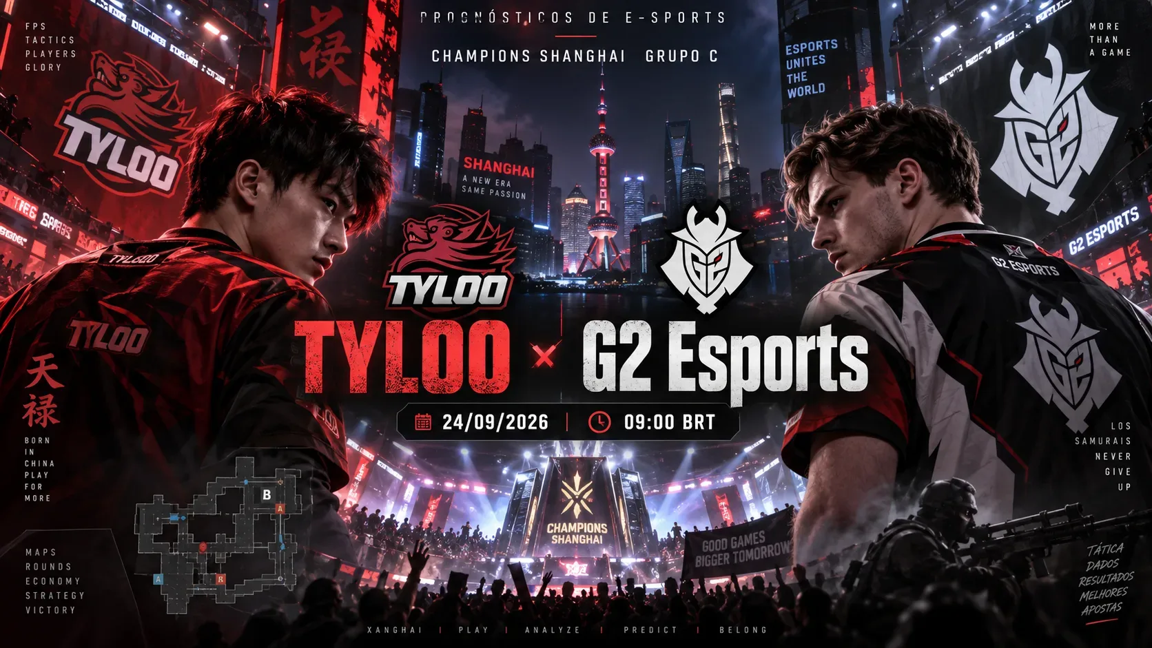 Capa horizontal de e-sports com jogadores representando TYLOO e G2, arena futurista em Xangai e destaque para o confronto.