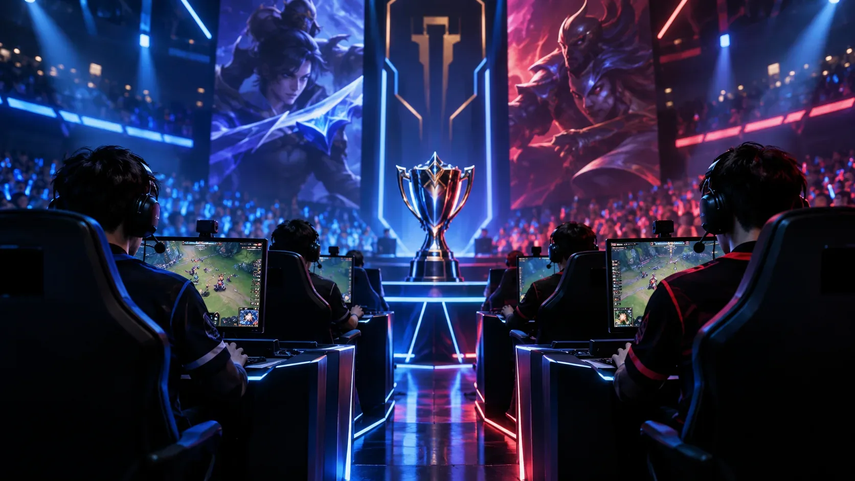 Arena de e-sports com duas equipes de League of Legends frente a frente, iluminação azul e vermelha e troféu ao centro