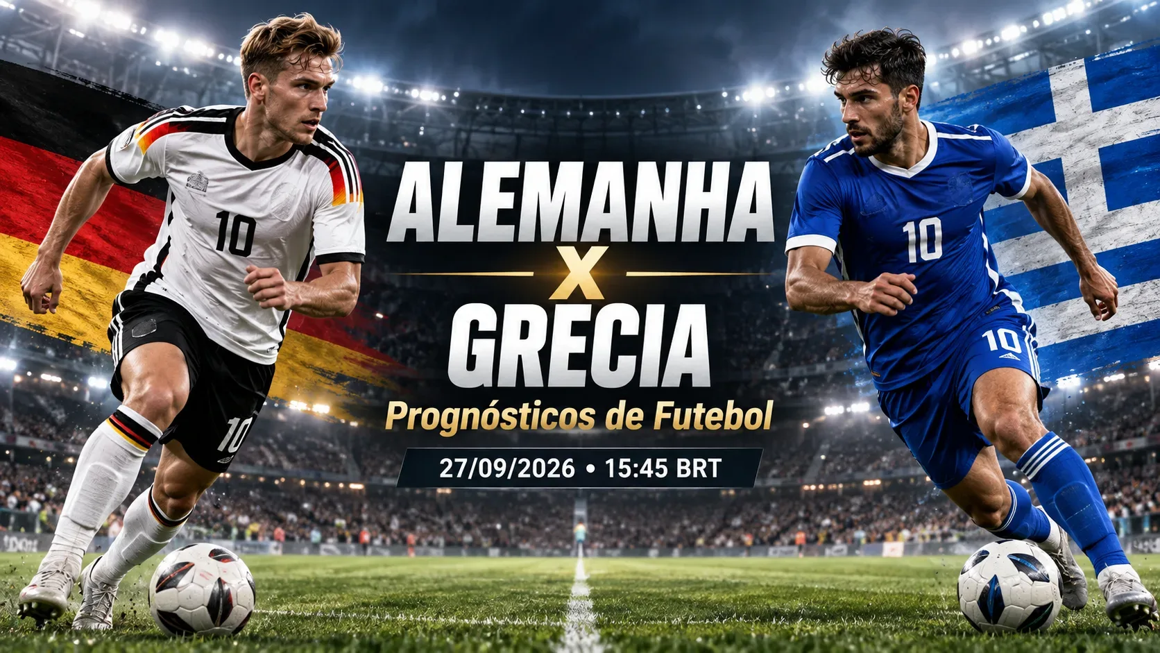 Capa de Alemanha x Grécia com dois jogadores genéricos em estádio iluminado, bandeiras das seleções ao fundo e o confronto destacado ao centro.