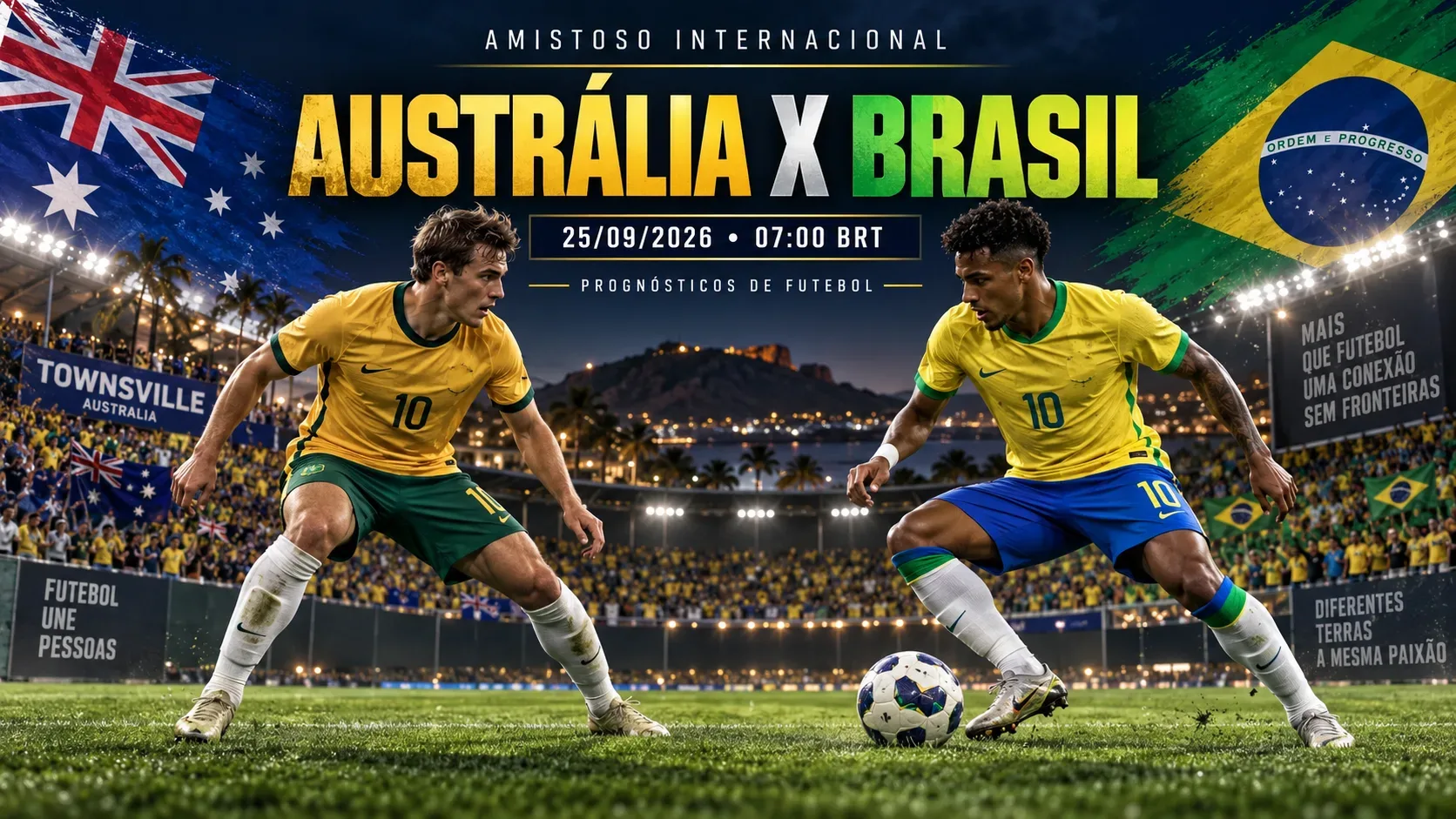 Jogadores genéricos representando Austrália e Brasil frente a frente em estádio lotado, com bola no gramado e bandeiras dos dois países ao fundo.