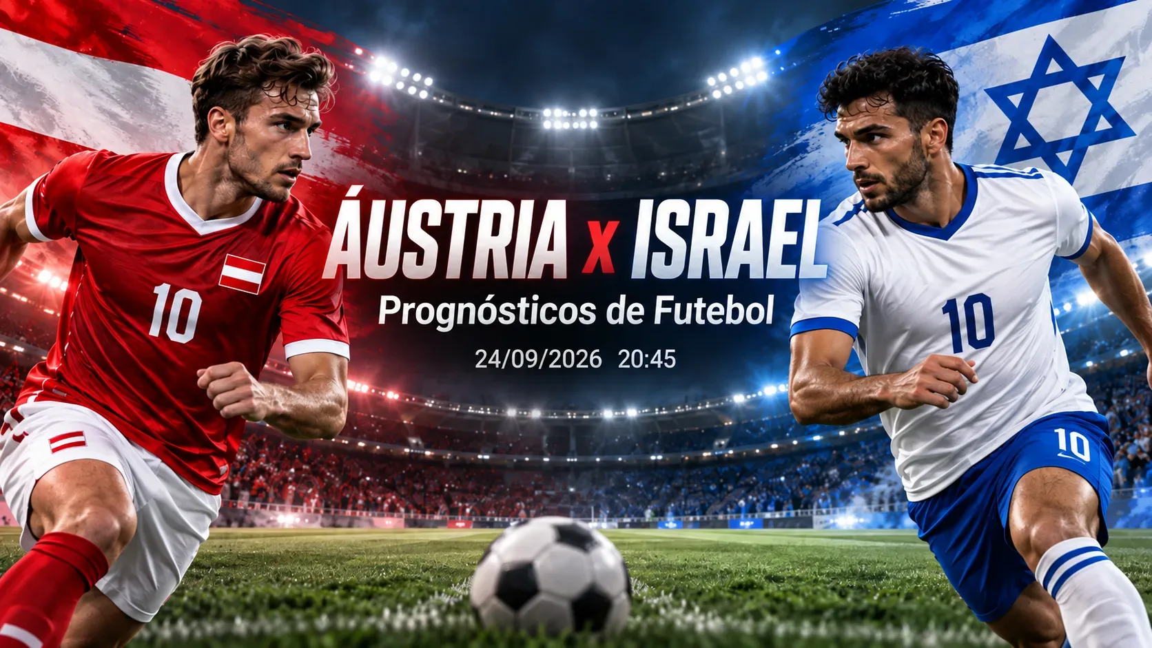 Arte esportiva de Áustria x Israel em estádio, com jogadores genéricos nas cores vermelha, branca e azul.