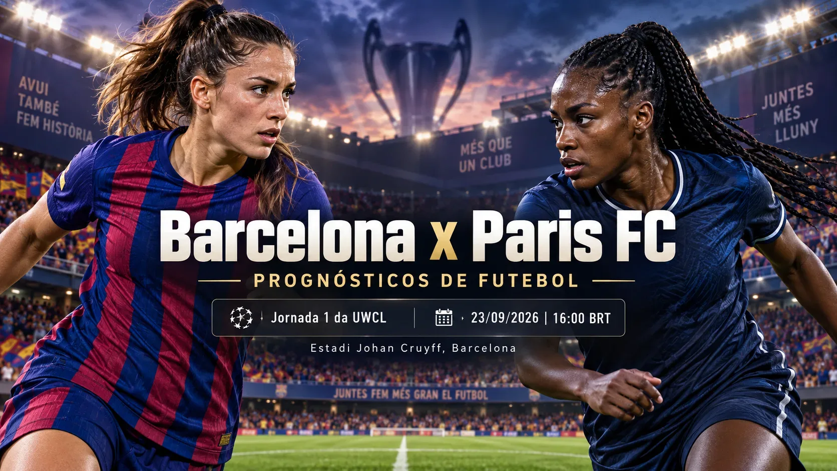 Duas jogadoras de futebol feminino em confronto visual, uma em azul e grená e outra em azul escuro, diante de um estádio iluminado.