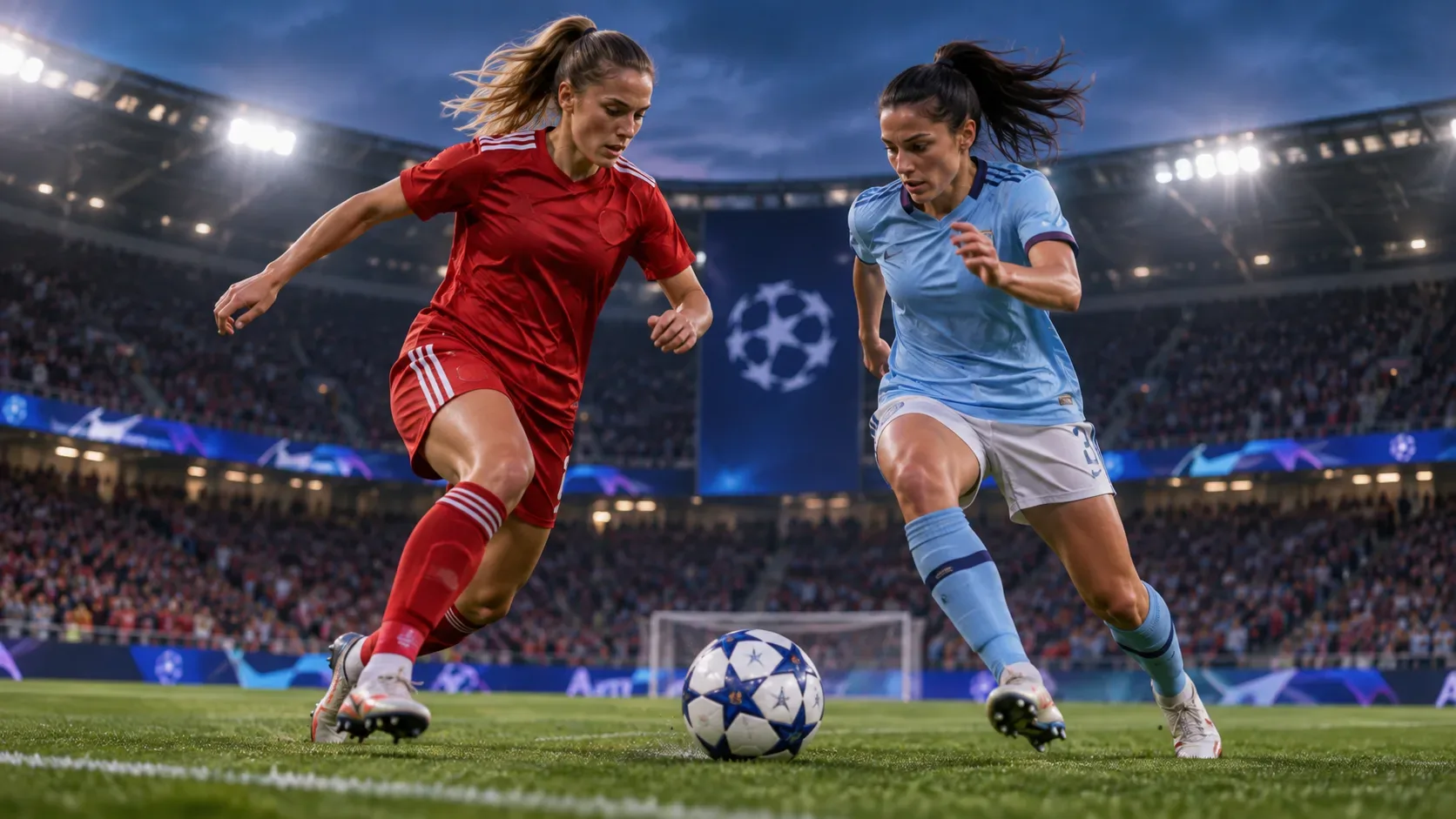 Duas jogadoras de futebol feminino, uma de vermelho e outra de azul-claro, disputam a bola sob refletores em um estádio.