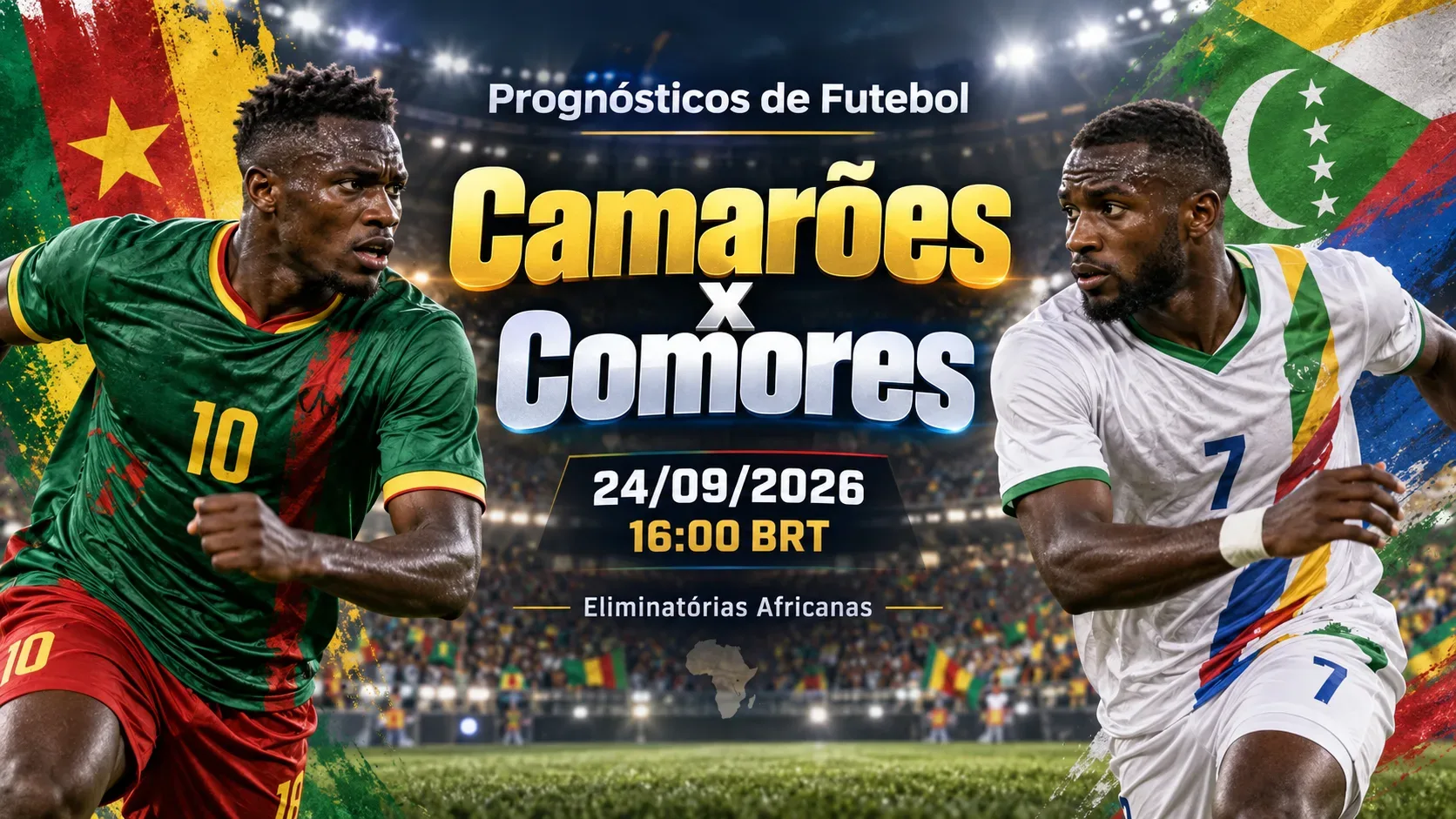 Capa horizontal com dois jogadores genéricos representando Camarões e Comores em um estádio iluminado, com as cores e bandeiras das seleções e identificação do confronto.