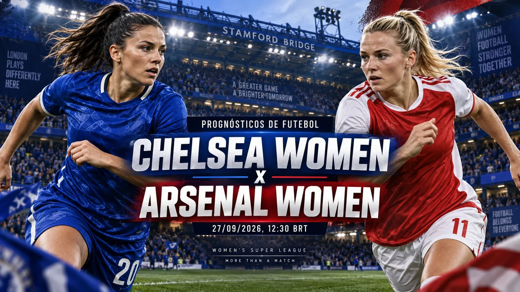 Capa esportiva com duas jogadoras em uniformes azul e vermelho e branco diante de Stamford Bridge, com o título Chelsea Women x Arsenal Women.