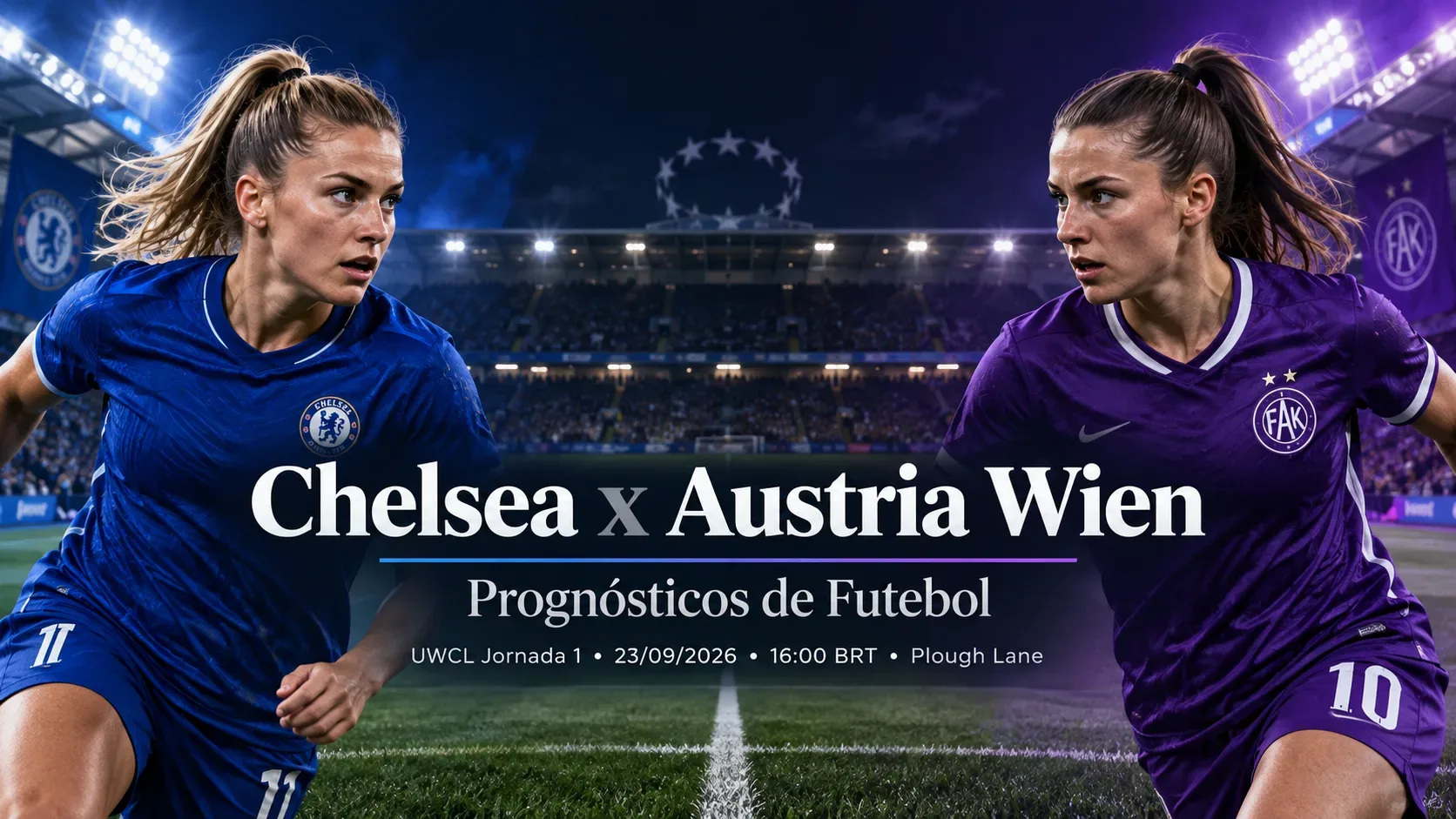 Duas jogadoras de futebol feminino, uma de azul e outra de roxo, frente a frente sob refletores de estádio em capa de Chelsea x Austria Wien.