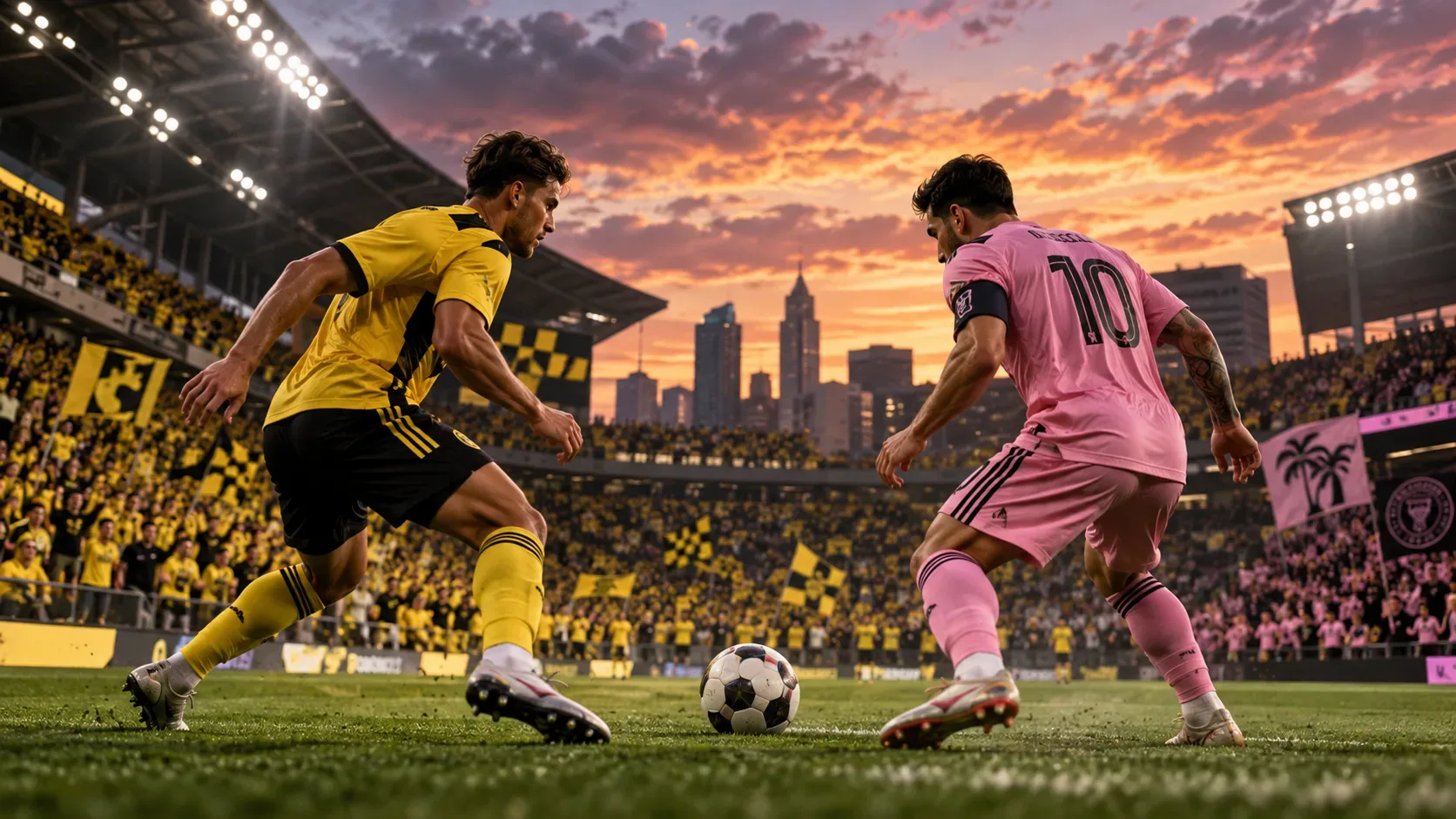 Dois jogadores de futebol genéricos disputam a bola em estádio lotado ao entardecer, um em amarelo e preto e outro em rosa e preto.