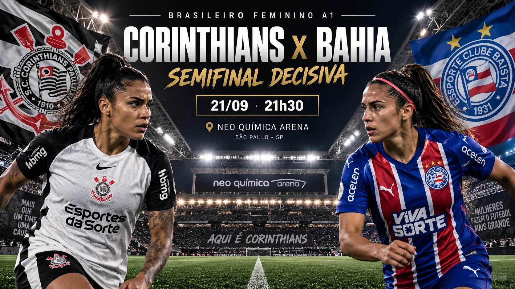 Capa horizontal de Corinthians x Bahia no futebol feminino, com duas jogadoras em primeiro plano e a Neo Química Arena iluminada ao fundo.