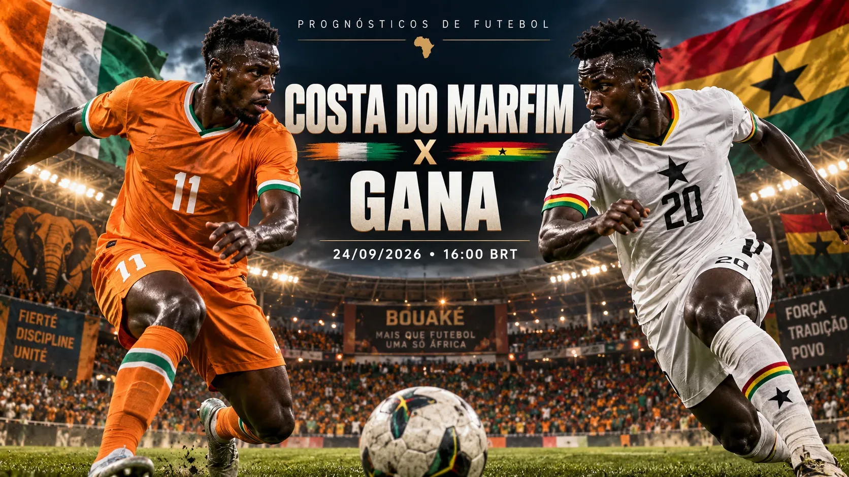 Jogadores representando Costa do Marfim e Gana em estádio, com bola em primeiro plano e referências visuais às duas seleções