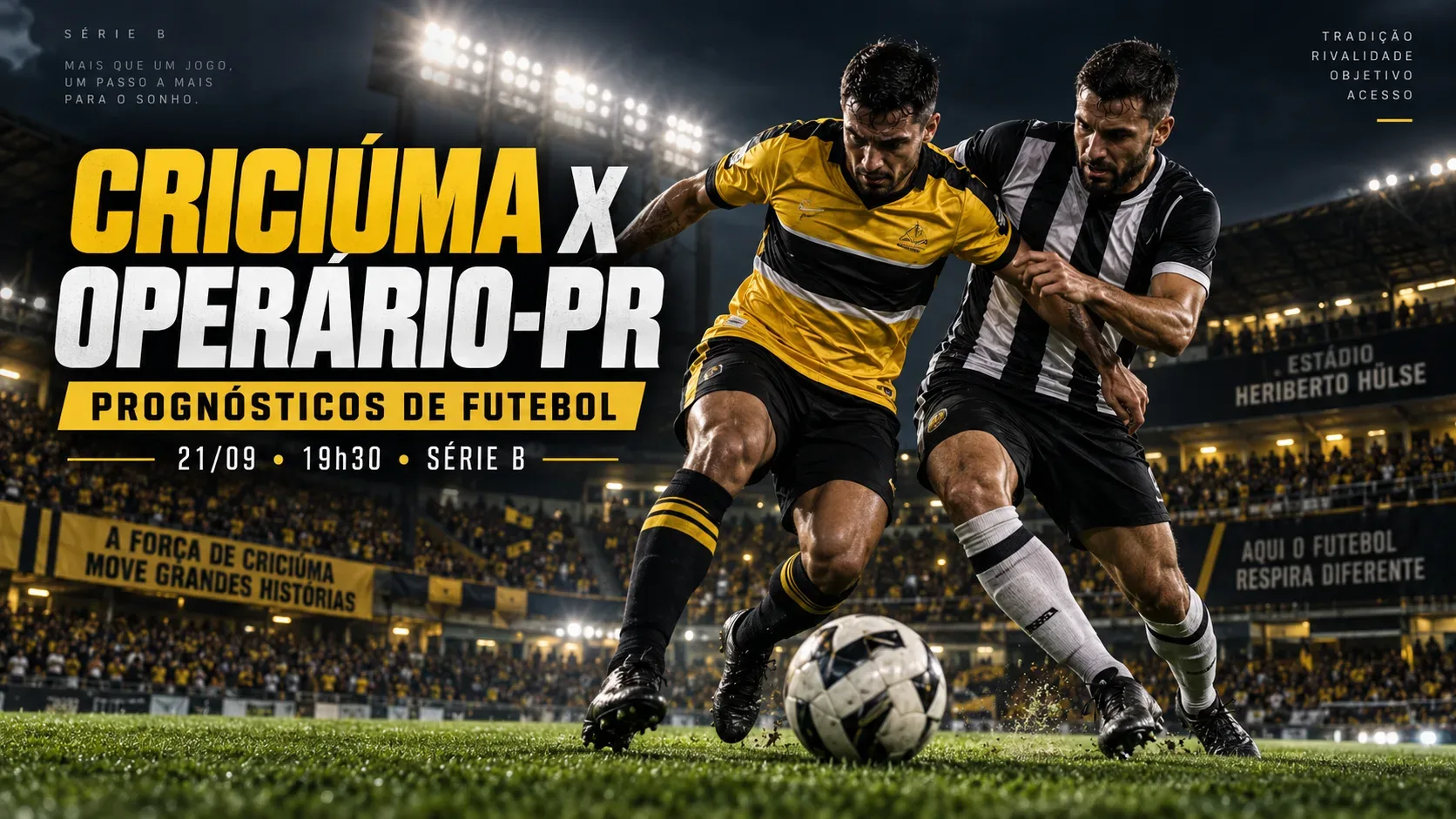 Dois jogadores genéricos disputam a bola em um estádio noturno, em composição amarela, preta e branca para Criciúma x Operário-PR.