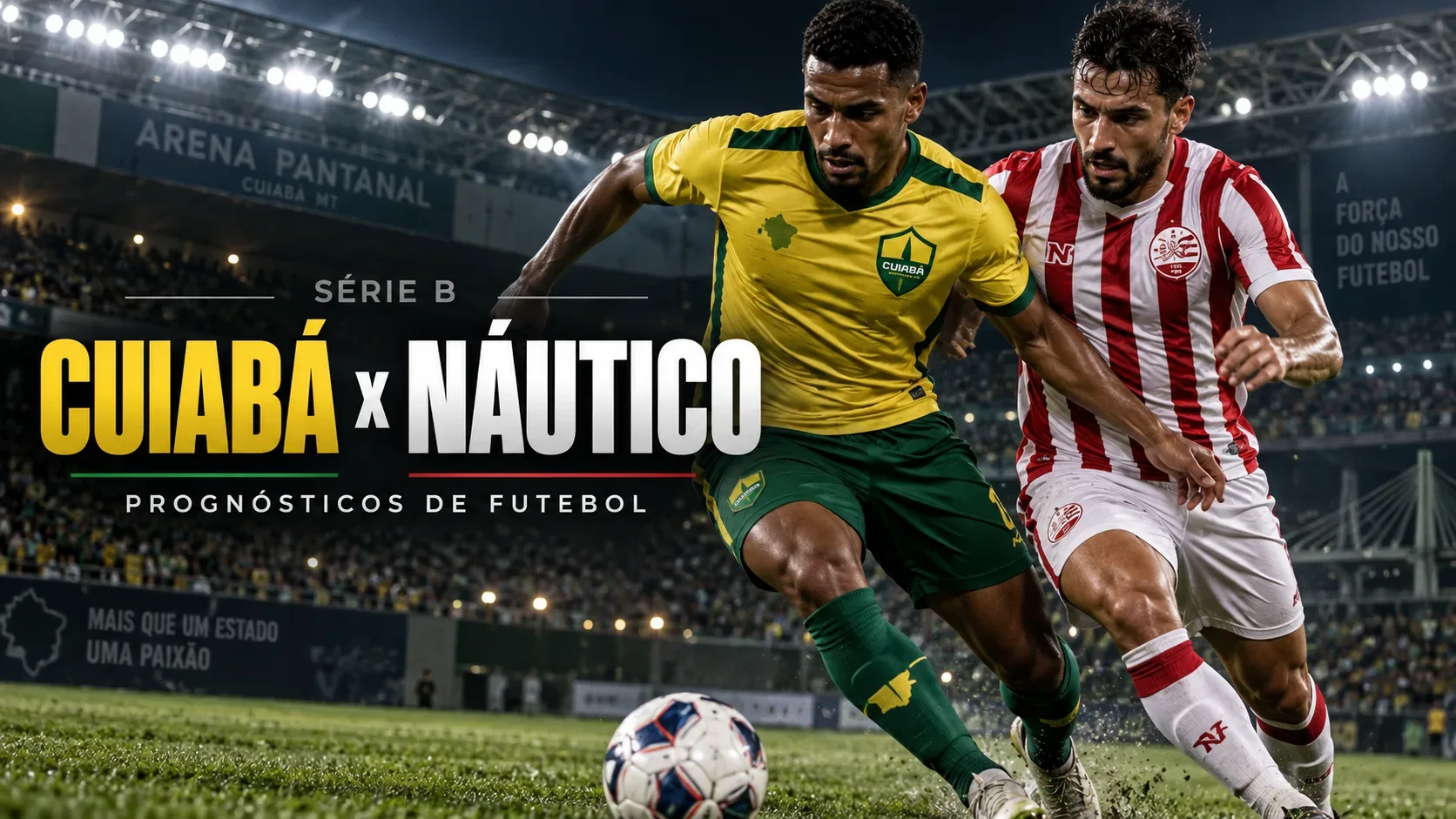 Dois jogadores disputam a bola sob refletores de estádio em uma capa de Cuiabá x Náutico pela Série B.
