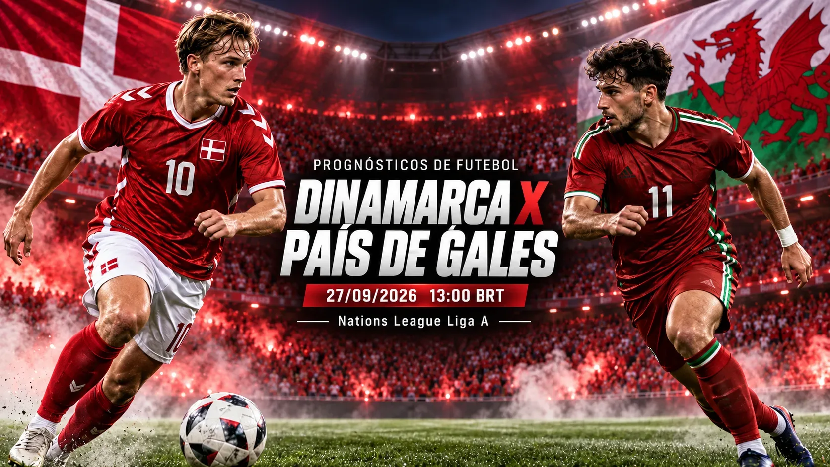 Capa em estádio com jogadores representando Dinamarca e País de Gales frente a frente, bandeiras nacionais ao fundo e bola no gramado.