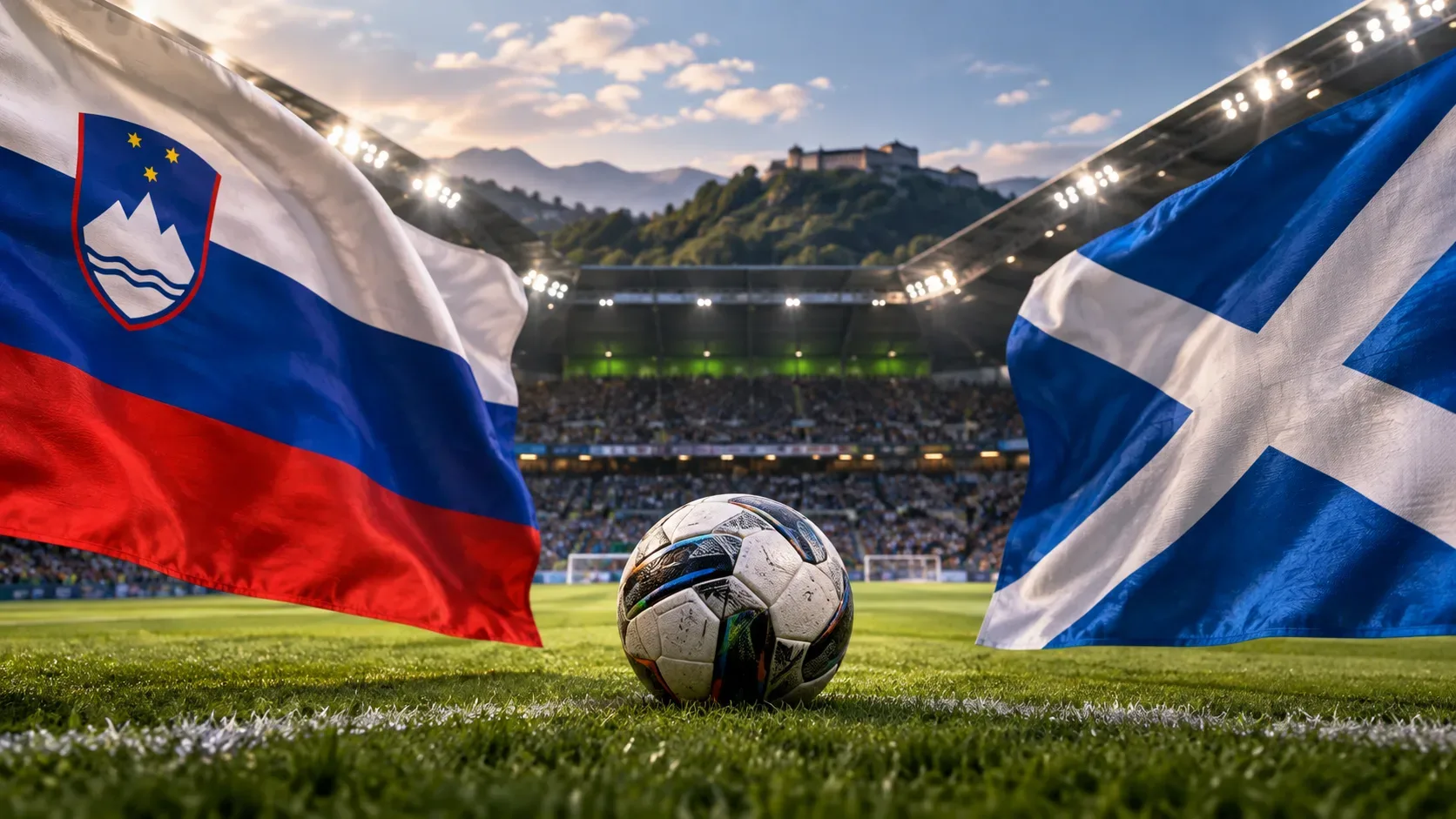 Bola de futebol no gramado entre as bandeiras da Eslovênia e da Escócia, com estádio iluminado ao fundo.