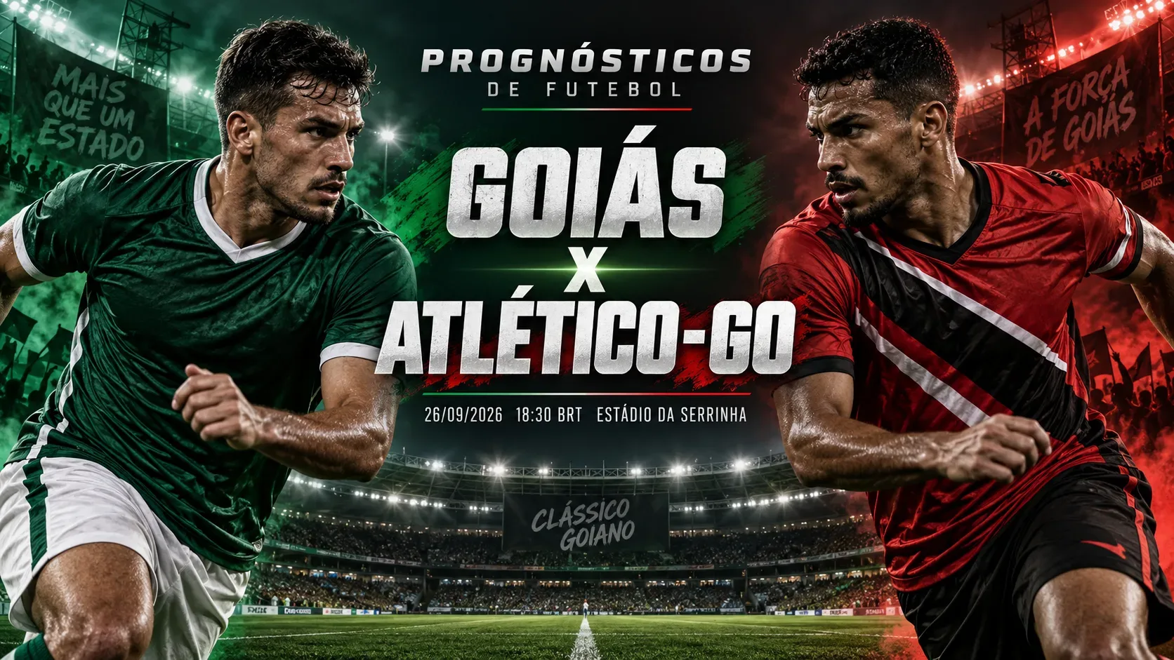 Arte esportiva com dois jogadores genéricos em verde e vermelho diante de estádio, representando Goiás x Atlético-GO.