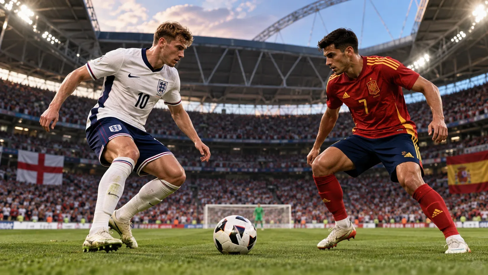 Jogadores representando Inglaterra e Espanha disputam a bola diante de arquibancadas lotadas em Wembley.