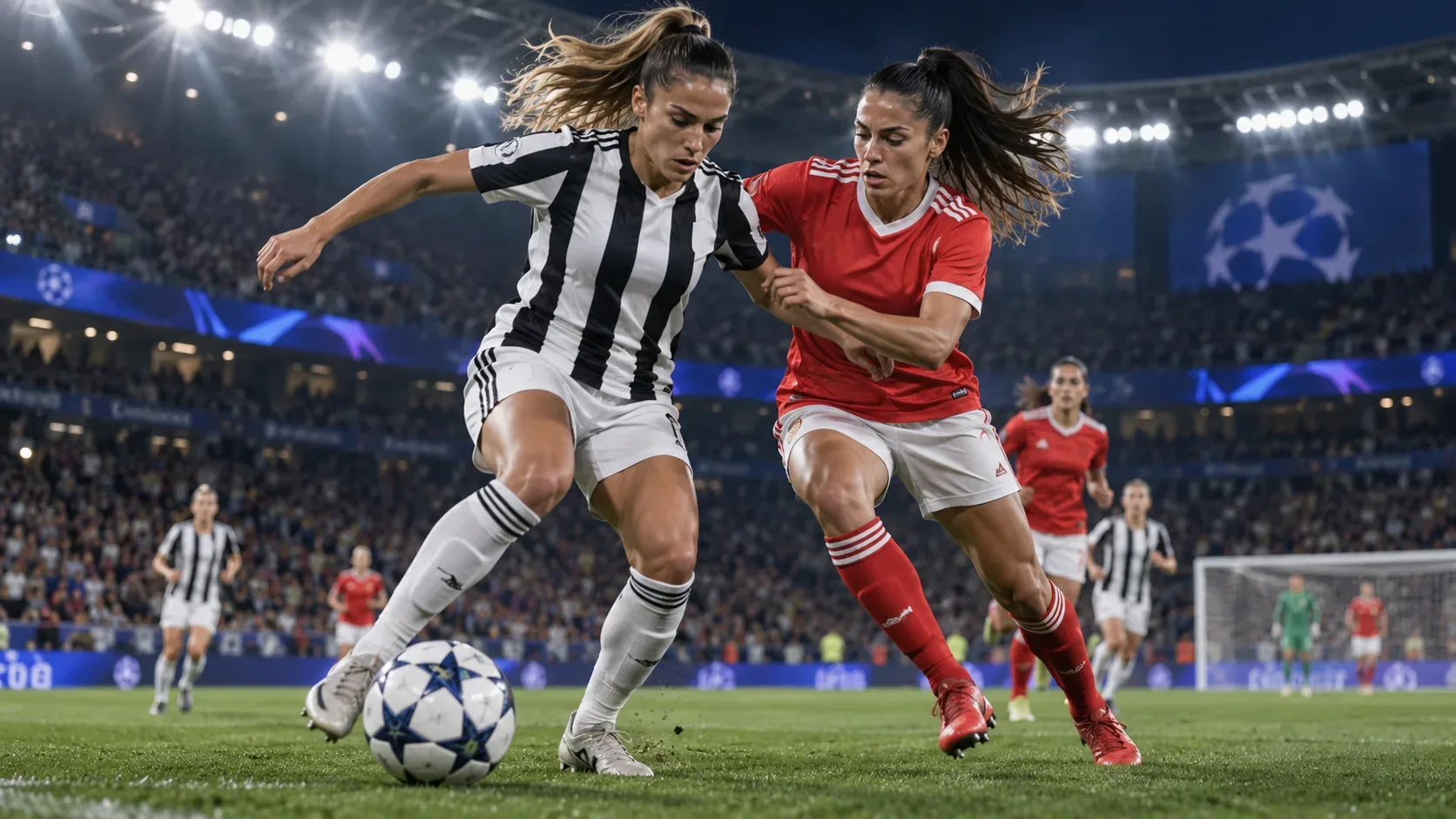 Bola de futebol entre jogadoras com uniformes preto e branco e vermelho em um estádio iluminado.
