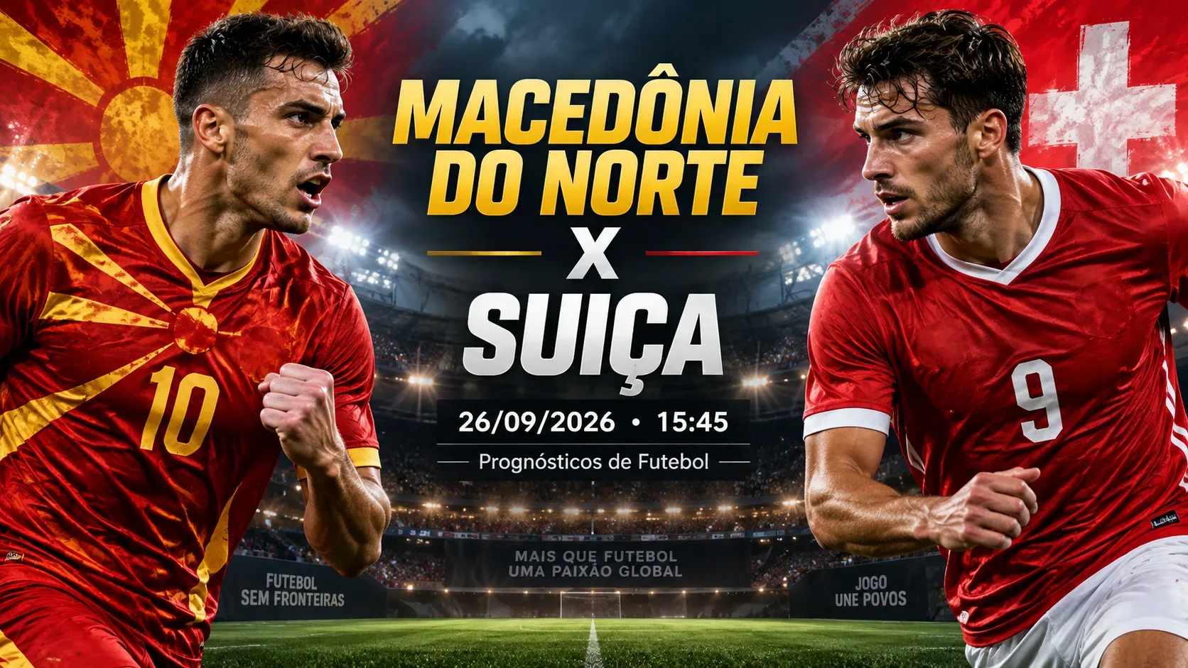 Capa de Macedônia do Norte x Suíça com dois jogadores em destaque diante de um estádio, em cores vermelha, amarela e branca, com data e horário do confronto.
