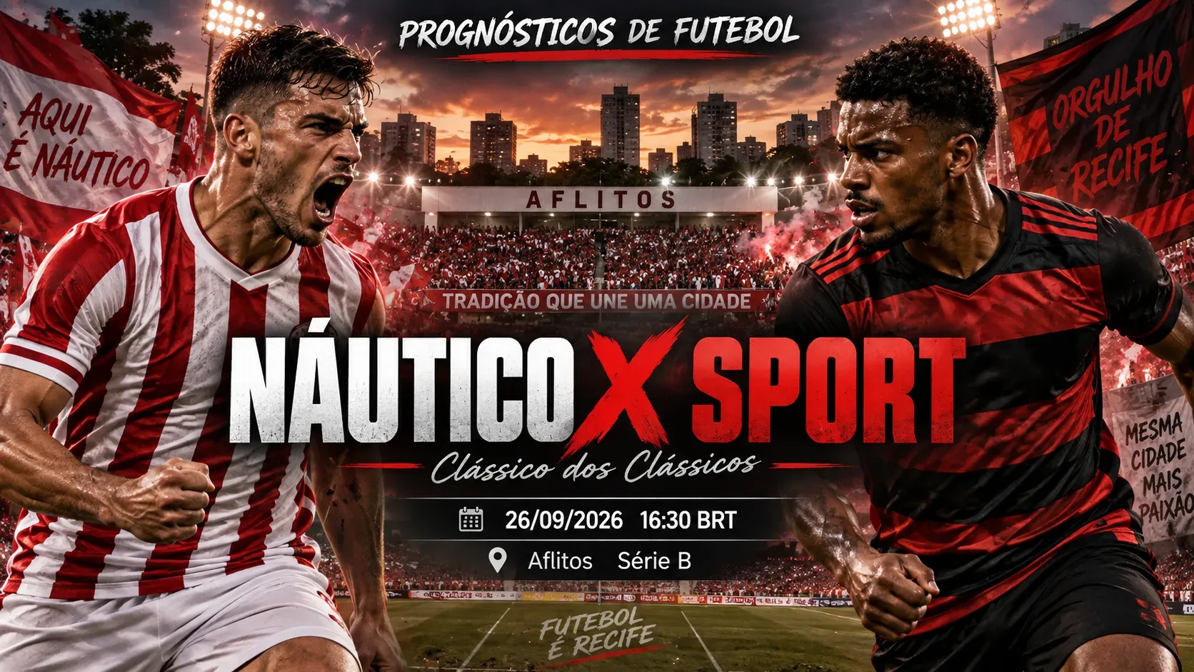 Capa esportiva com dois jogadores genéricos, um em vermelho e branco e outro em vermelho e preto, diante de estádio lotado nos Aflitos para Náutico x Sport.