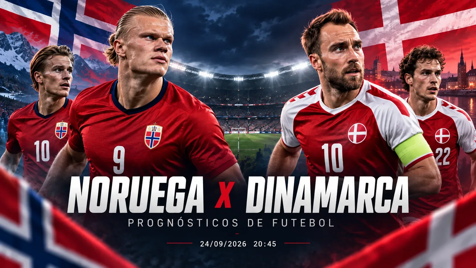 Capa horizontal de Noruega x Dinamarca com jogadores em destaque, estádio iluminado e bandeiras das duas seleções.