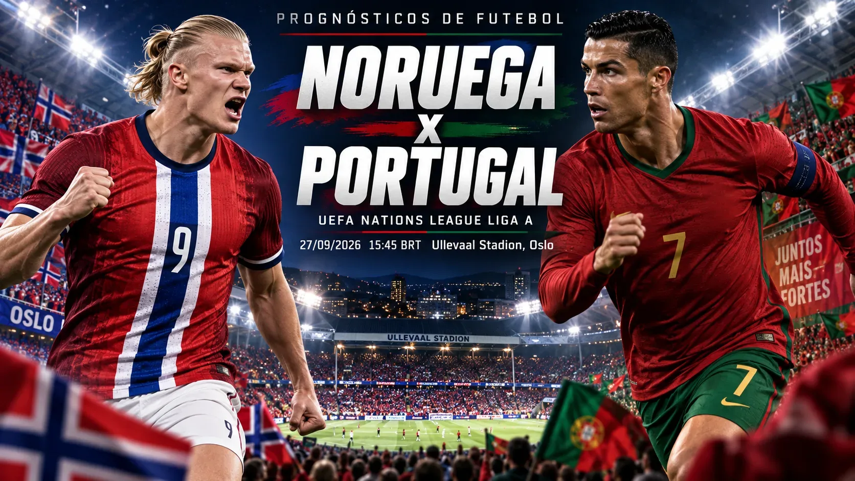 Arte esportiva horizontal com jogadores representando Noruega e Portugal diante de um estádio lotado em Oslo.