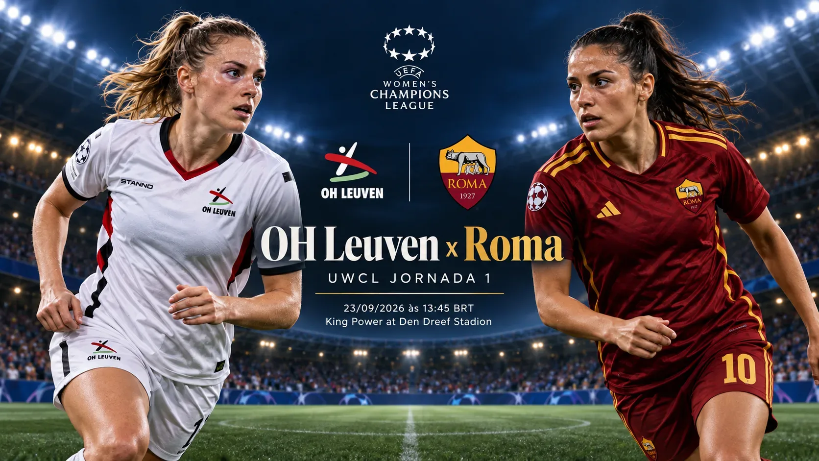 Duas jogadoras de futebol representando OH Leuven e Roma em um estádio iluminado, em composição de confronto pela UEFA Women's Champions League.