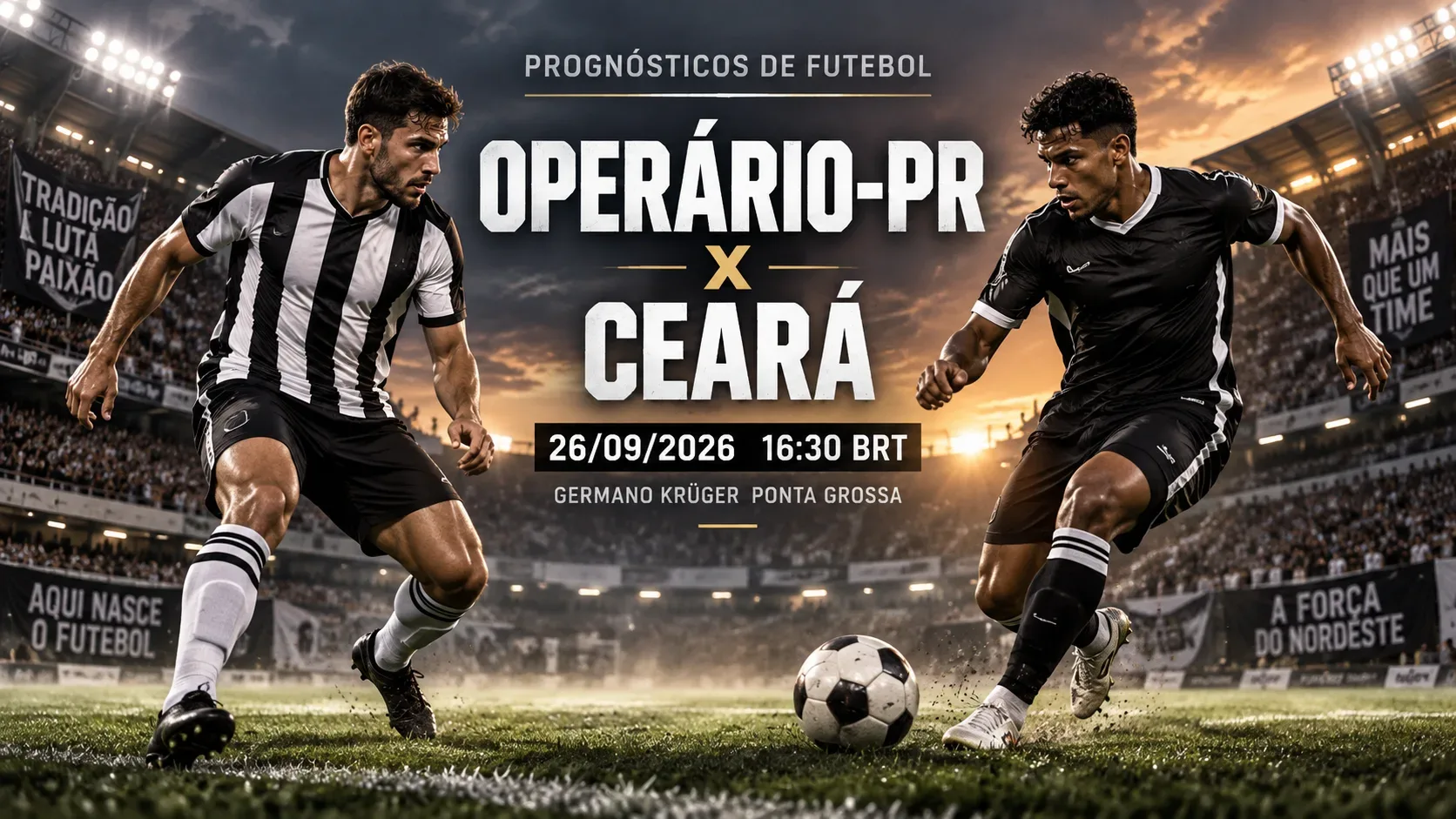 Capa esportiva em estilo pôster com dois jogadores genéricos em um estádio, representando Operário-PR x Ceará.