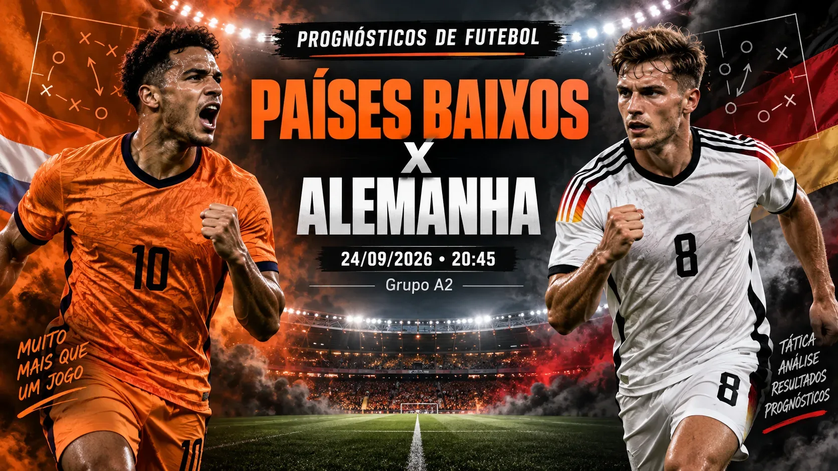 Capa horizontal de Países Baixos x Alemanha com jogadores genéricos em uniformes laranja e branco diante de estádio iluminado.