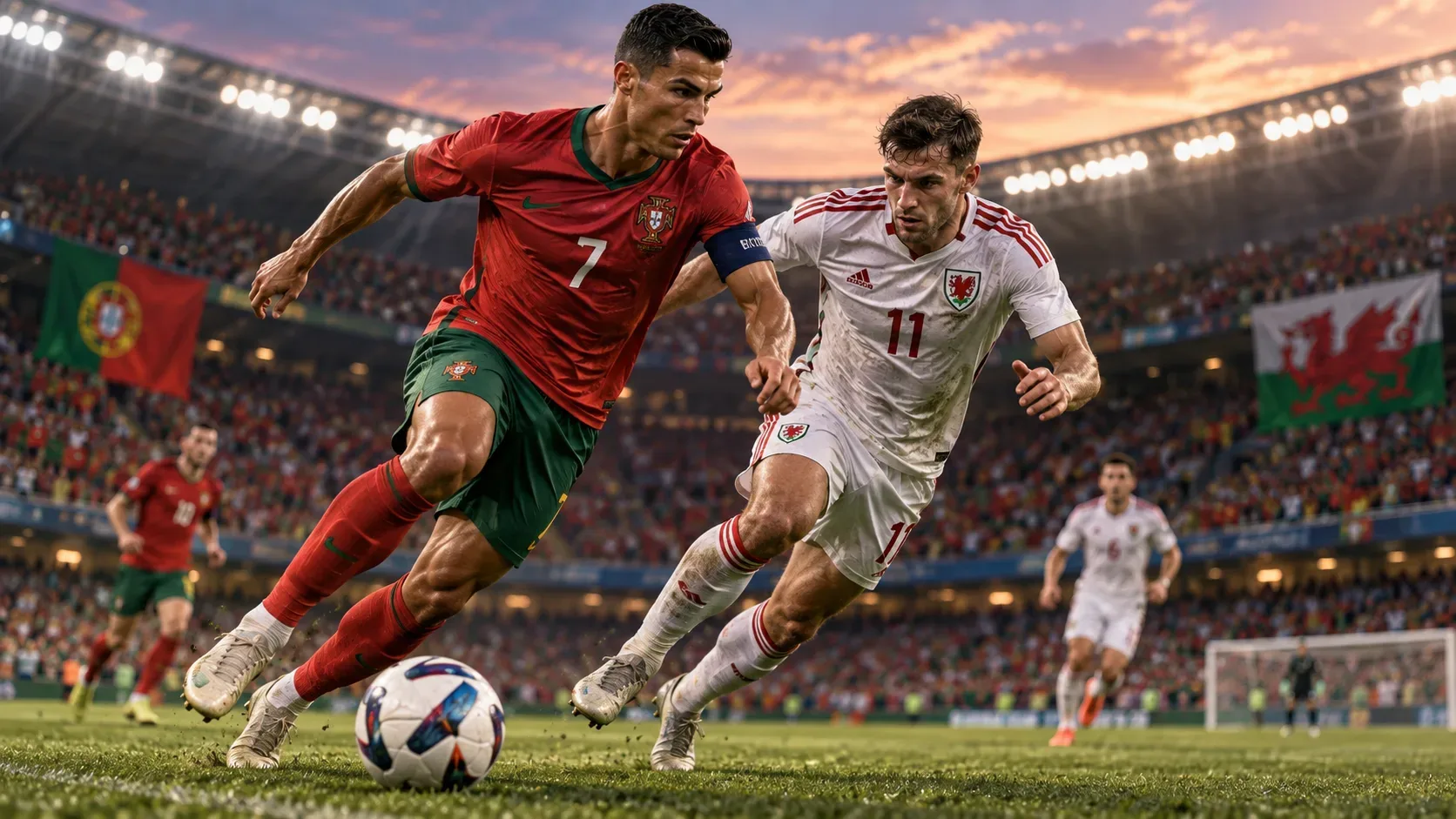 Jogadores com uniformes inspirados em Portugal e País de Gales disputam a bola em um estádio lotado ao entardecer.