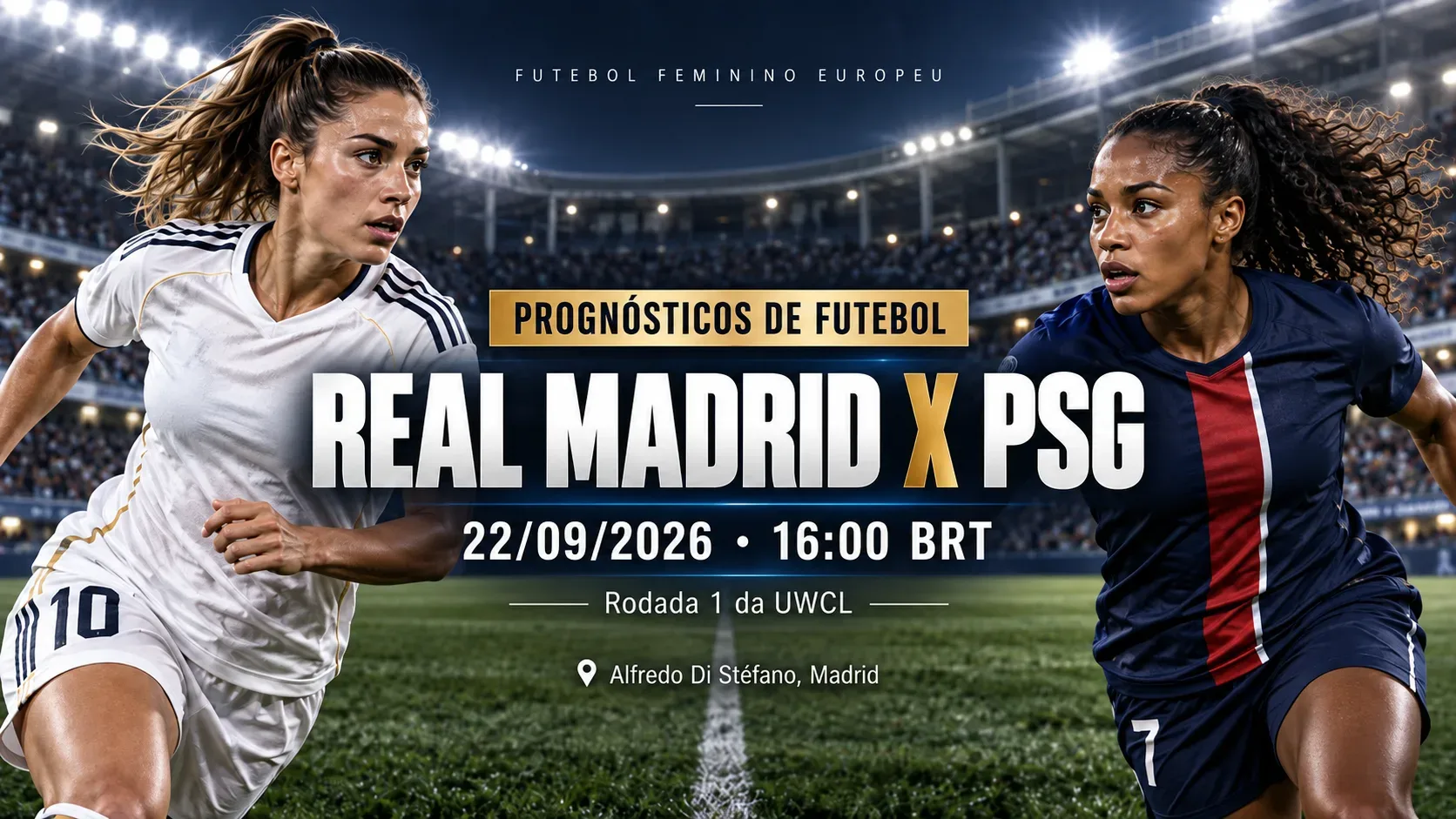 Capa horizontal de futebol feminino com duas jogadoras em lados opostos, estádio iluminado ao fundo e chamada para Real Madrid x PSG.