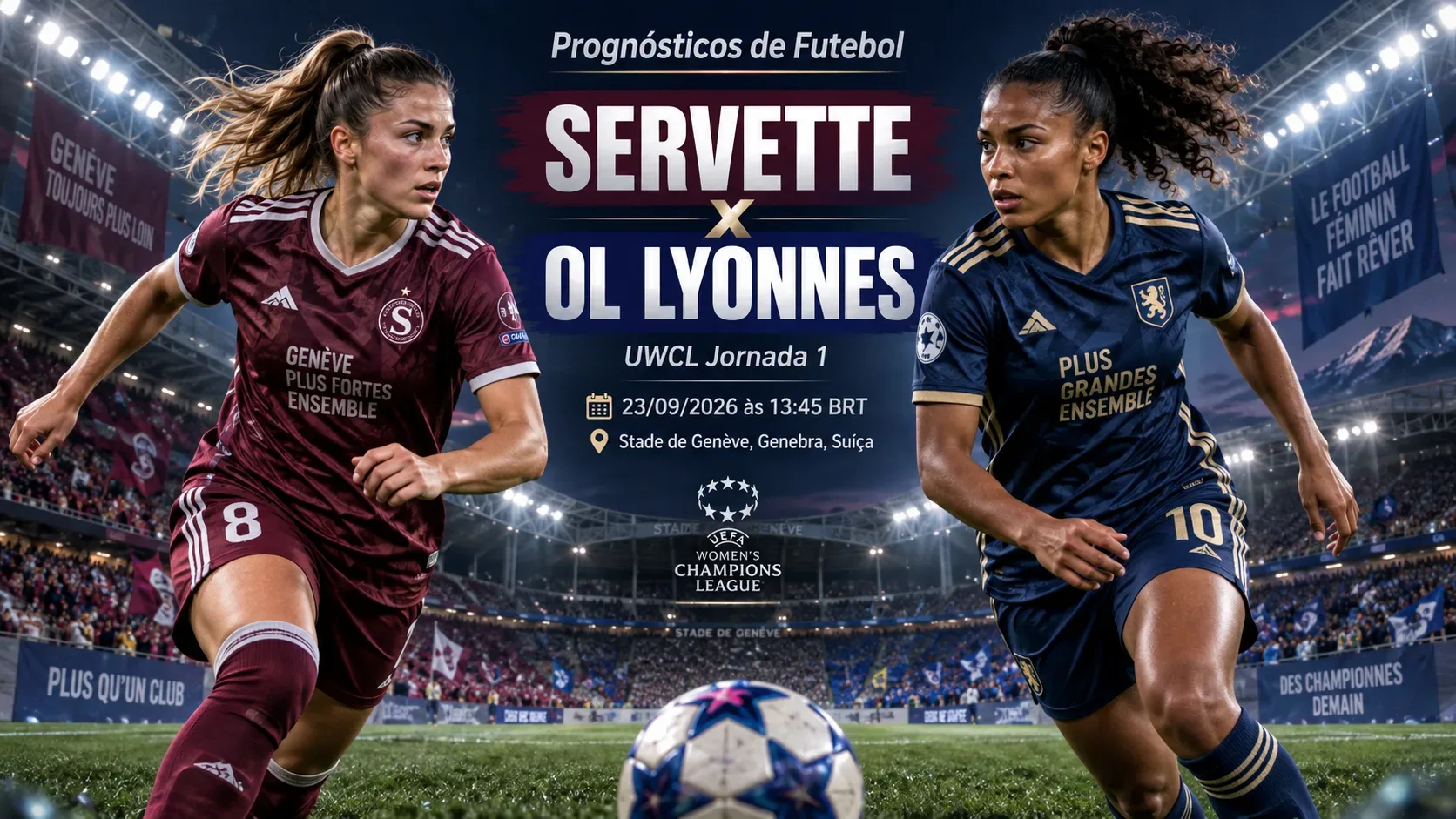 Capa esportiva com duas jogadoras de futebol frente a frente em estádio iluminado, representando Servette e OL Lyonnes.