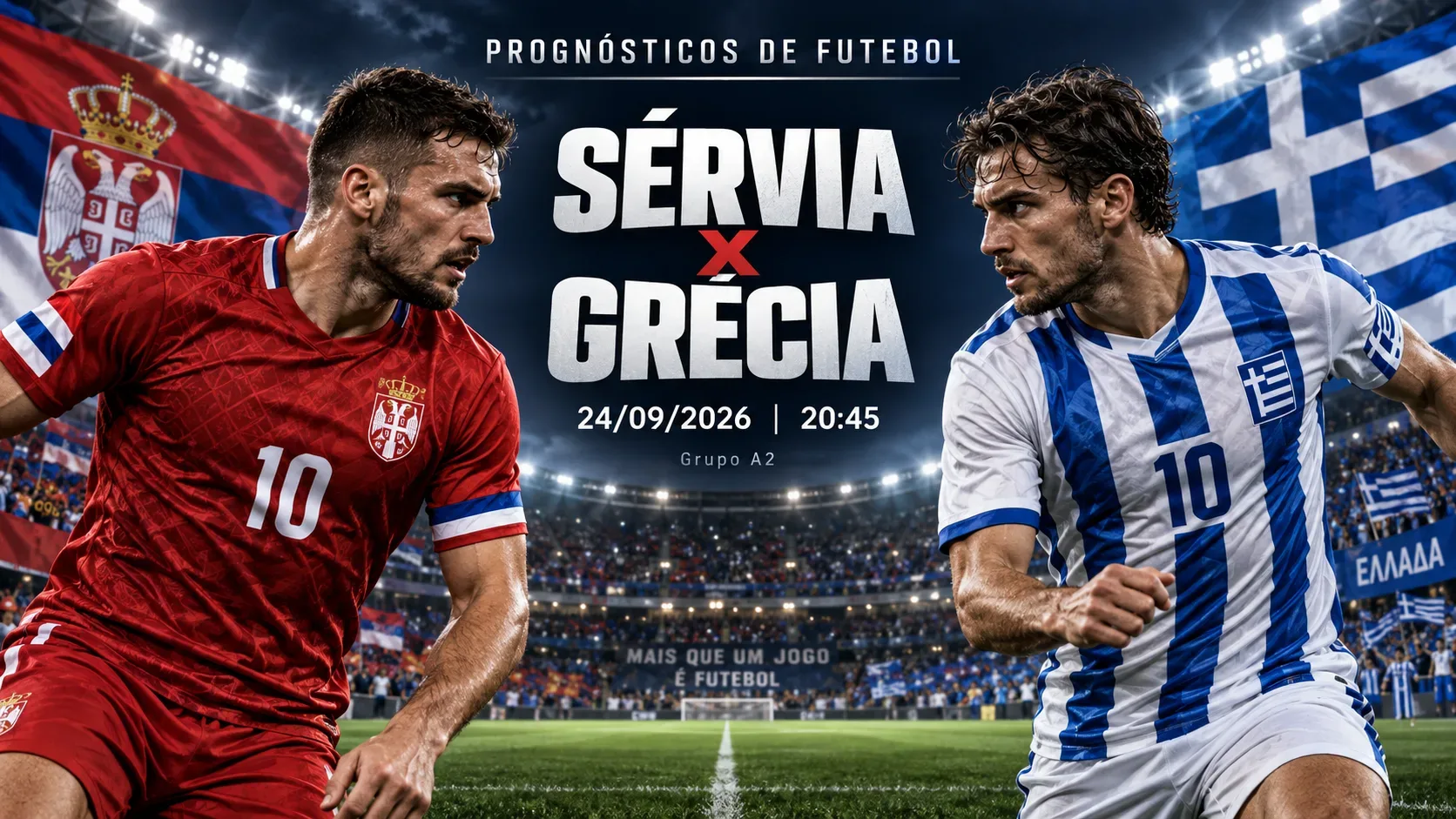 Capa de Sérvia x Grécia em estádio noturno, com dois jogadores genéricos em vermelho e azul e branco frente a frente.