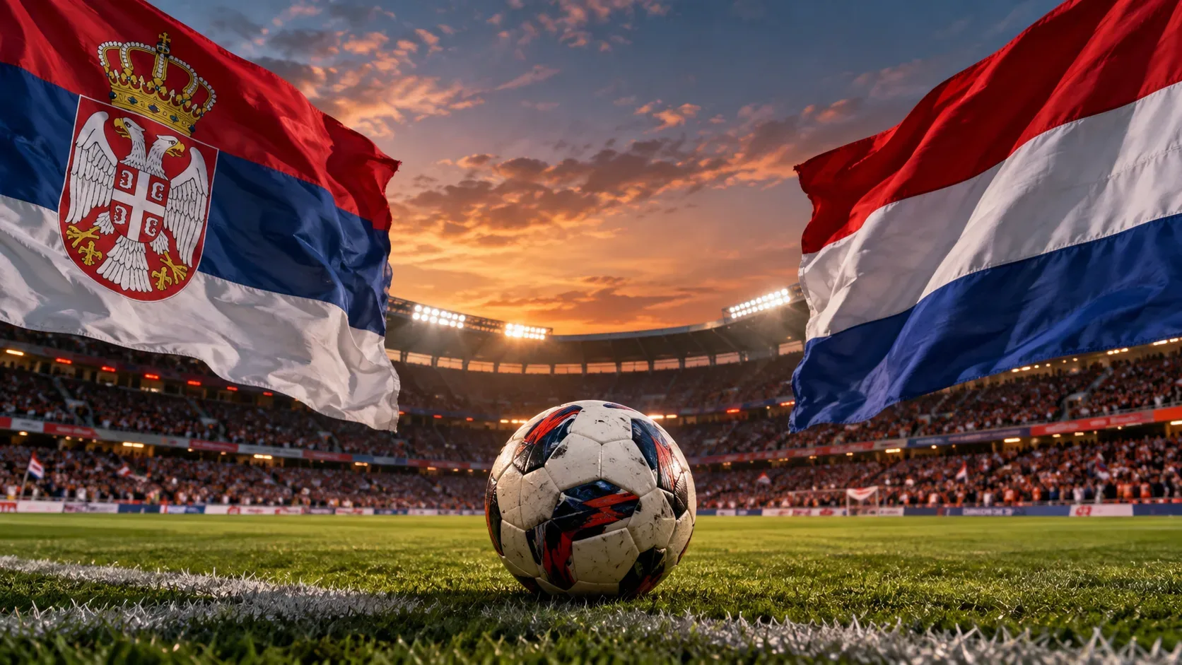 Bola de futebol em primeiro plano em estádio lotado, com bandeiras da Sérvia e dos Países Baixos nas laterais.