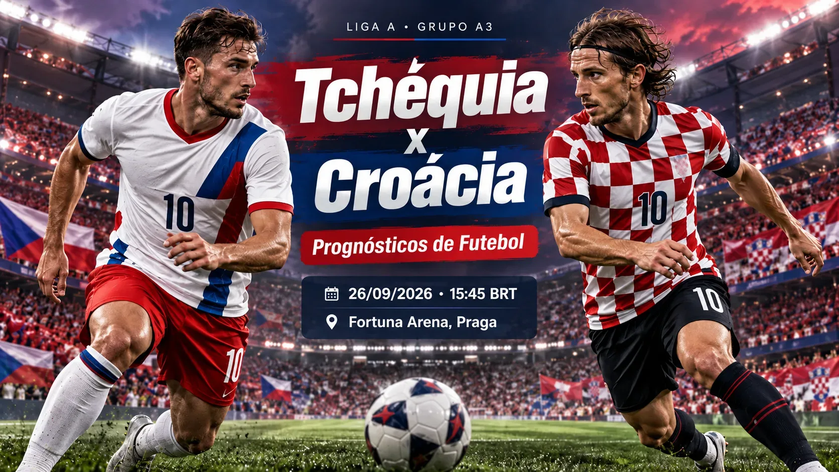 Capa horizontal de Tchéquia x Croácia com dois jogadores genéricos em estádio iluminado, nas cores das duas seleções e com informações do confronto.