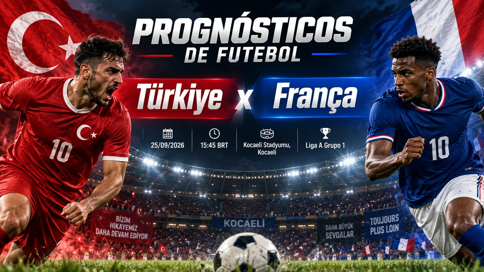 Capa horizontal com jogadores representando Türkiye e França em estádio iluminado, bola ao centro e informações do confronto.
