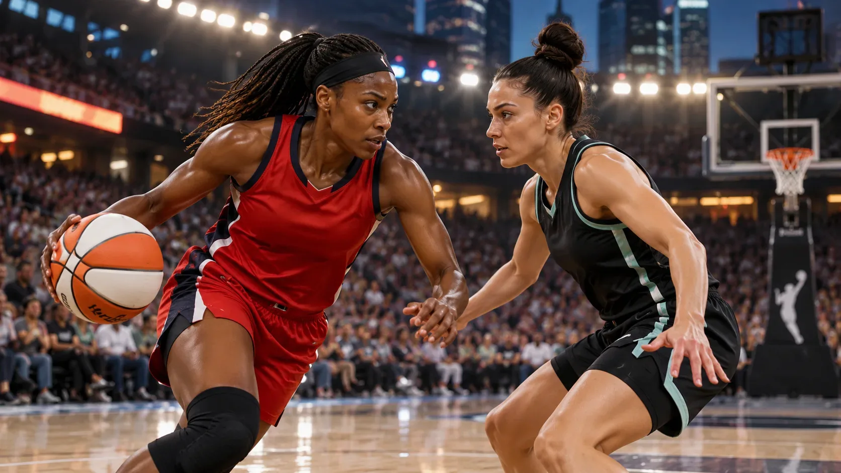 Duas jogadoras de basquete feminino disputam a bola em uma arena lotada, com cesta e luzes de jogo ao fundo.